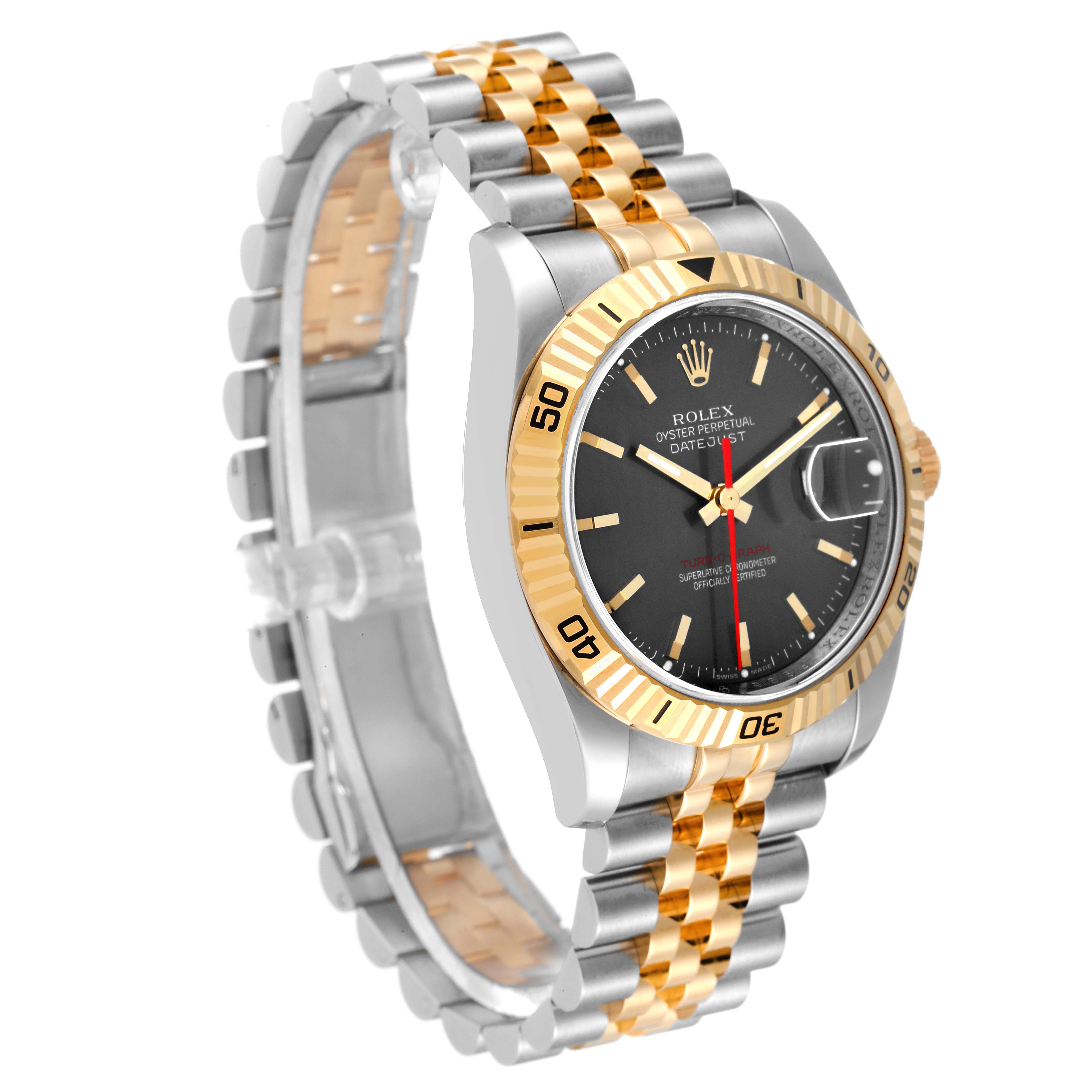 The Rolex Turn-o-Graph 116263 Men
s Steel and Gold (two tone) Grey Dial 116263 Men
s Steel and Gold (two tone) Grey Dial watch is shown at a three-quarter angle, displaying its two-tone bracelet and face details.