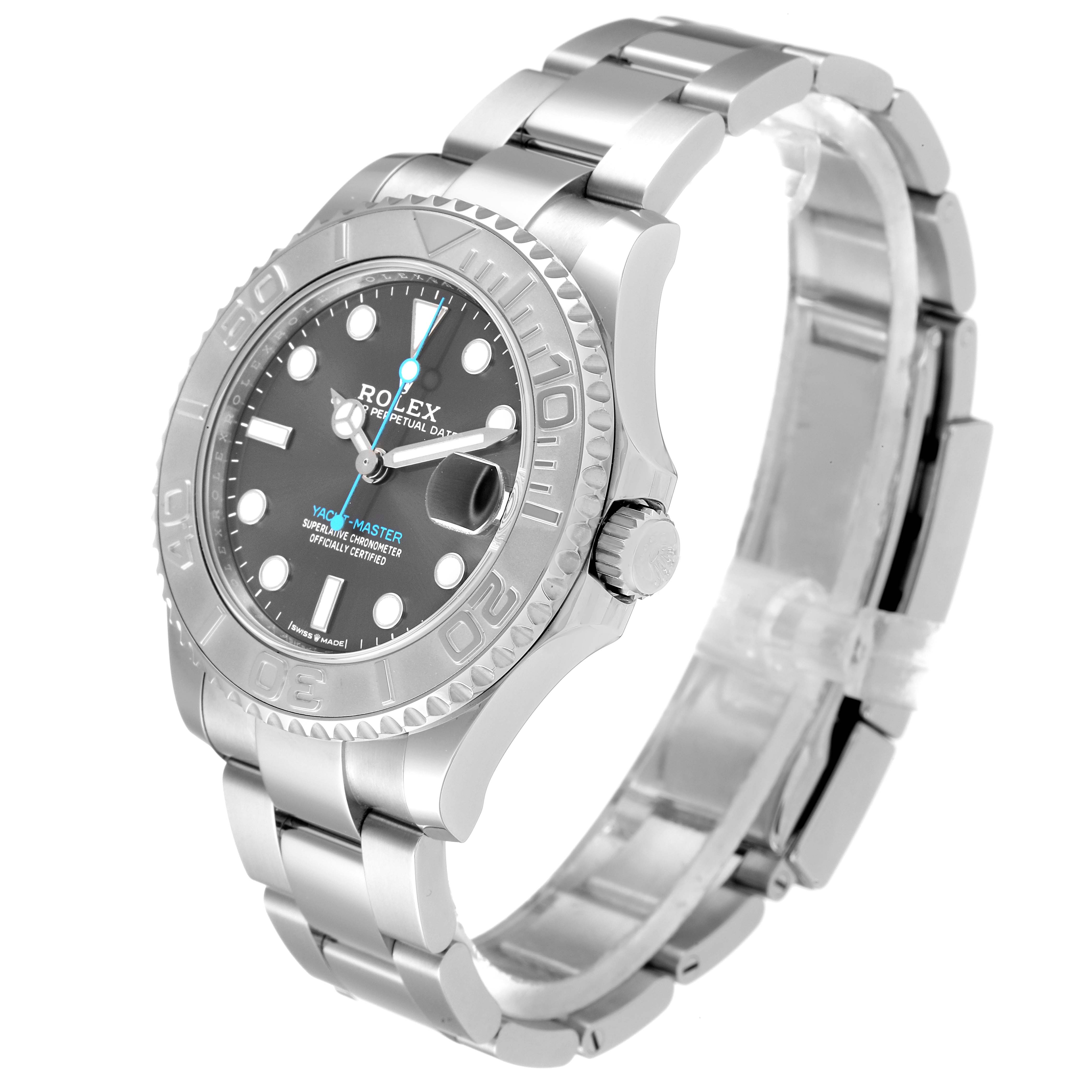 The Rolex Yacht-Master 268622 Men's Stainless Steel Grey Dial 268622 Men's Stainless Steel Grey Dial watch is shown at a three-quarter angle, highlighting the dial, bezel, crown, and bracelet.