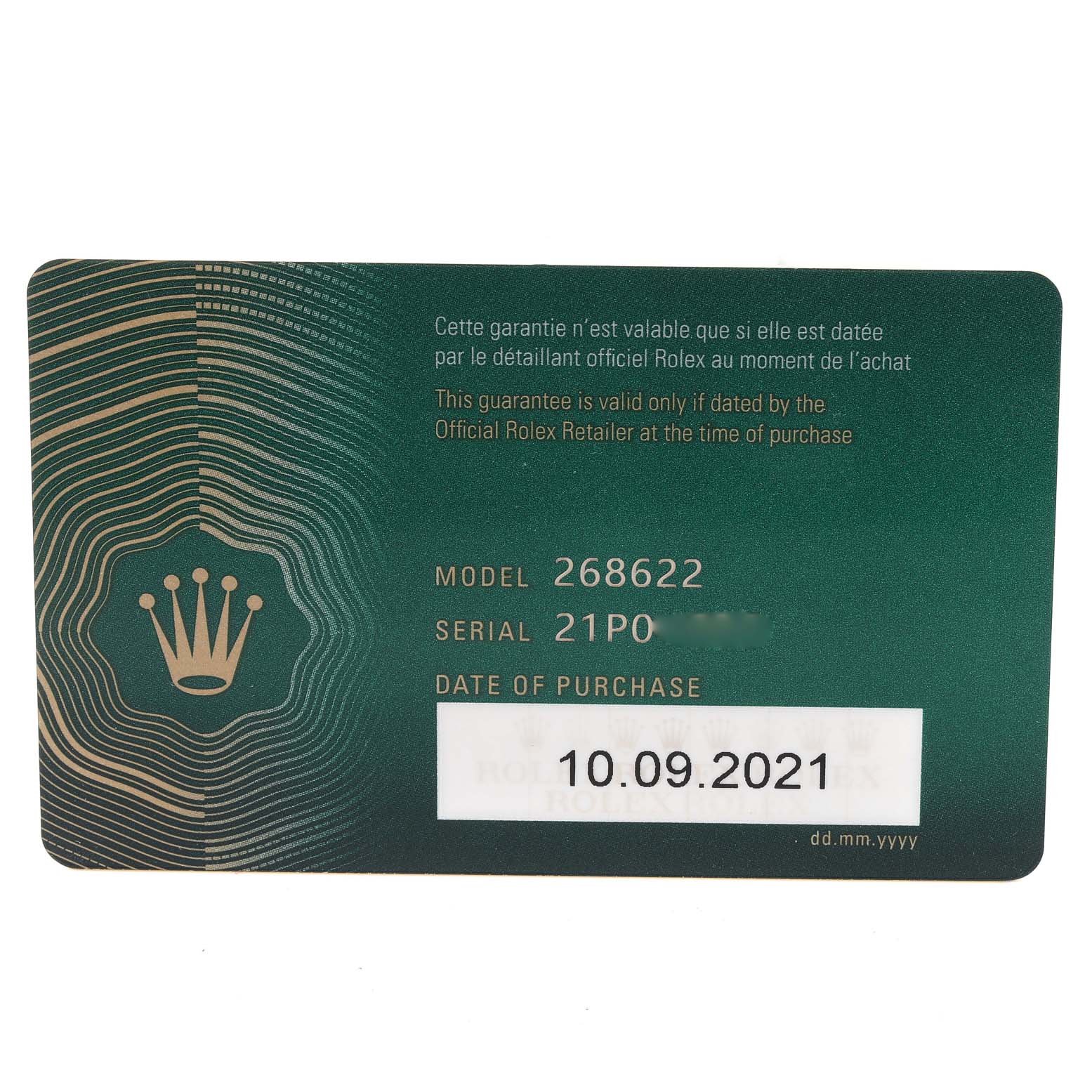 The image shows the warranty card for a Rolex Yacht-Master 268622 Men's Stainless Steel Grey Dial 268622 Men's Stainless Steel Grey Dial model watch.