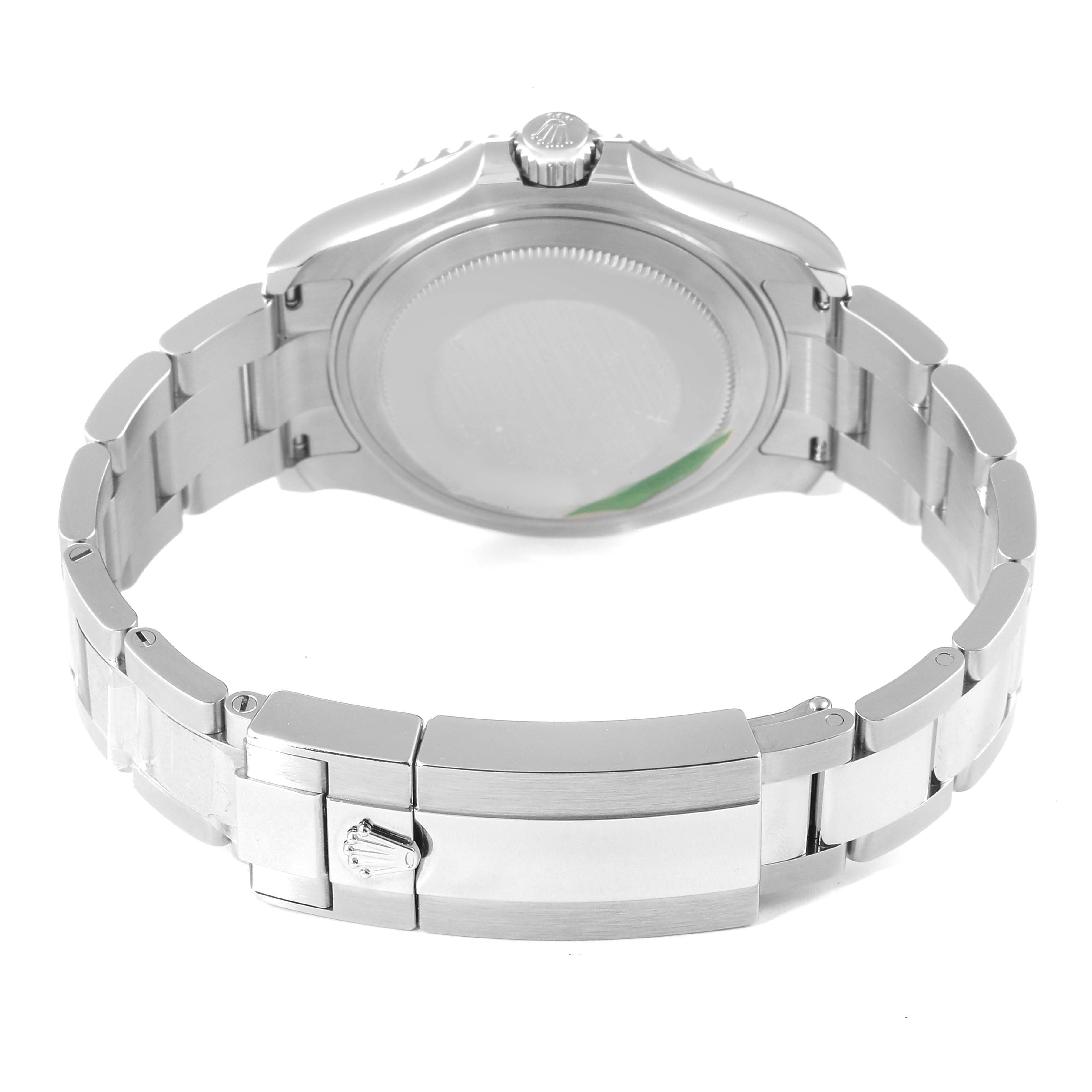 This image shows the Yacht-Master model by Rolex from the back, displaying the watch case, bracelet, and clasp.