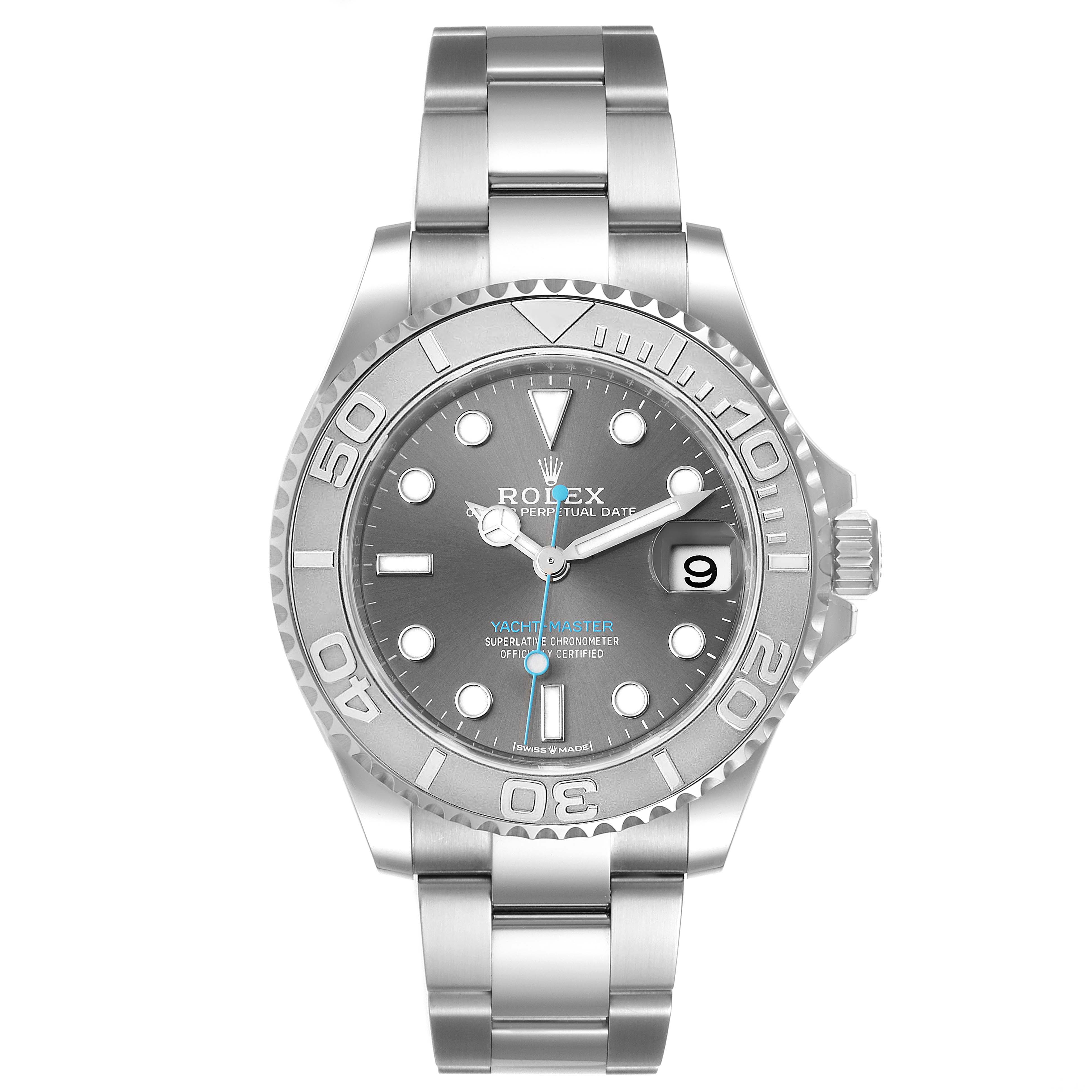 This is a frontal view of a Rolex Yacht-Master 268622 Men's Stainless Steel Grey Dial 268622 Men's Stainless Steel Grey Dial watch displaying the face, bezel, and bracelet.