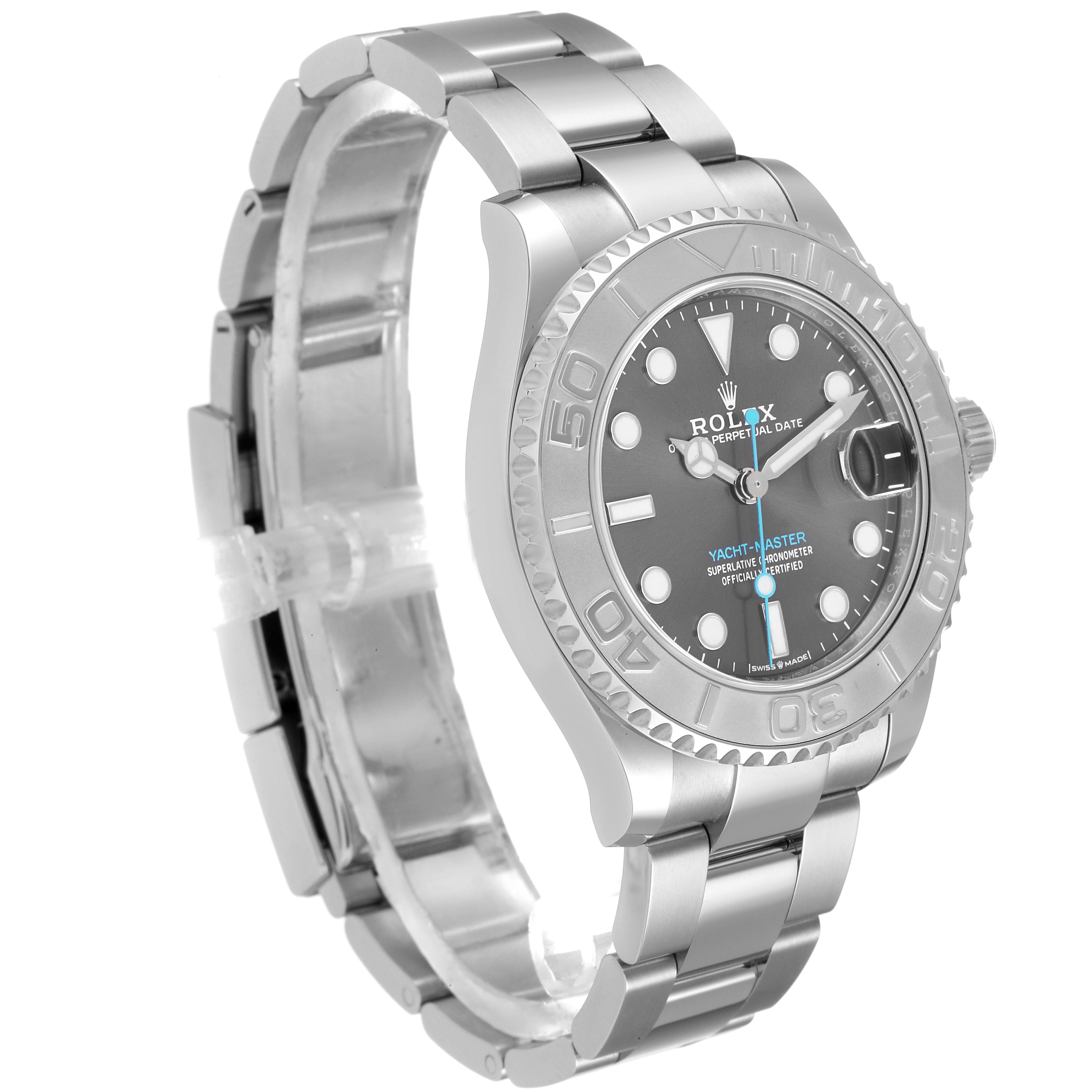 The image shows a side angle view of the Rolex Yacht-Master 268622 Men's Stainless Steel Grey Dial 268622 Men's Stainless Steel Grey Dial, highlighting the face, bezel, and bracelet.