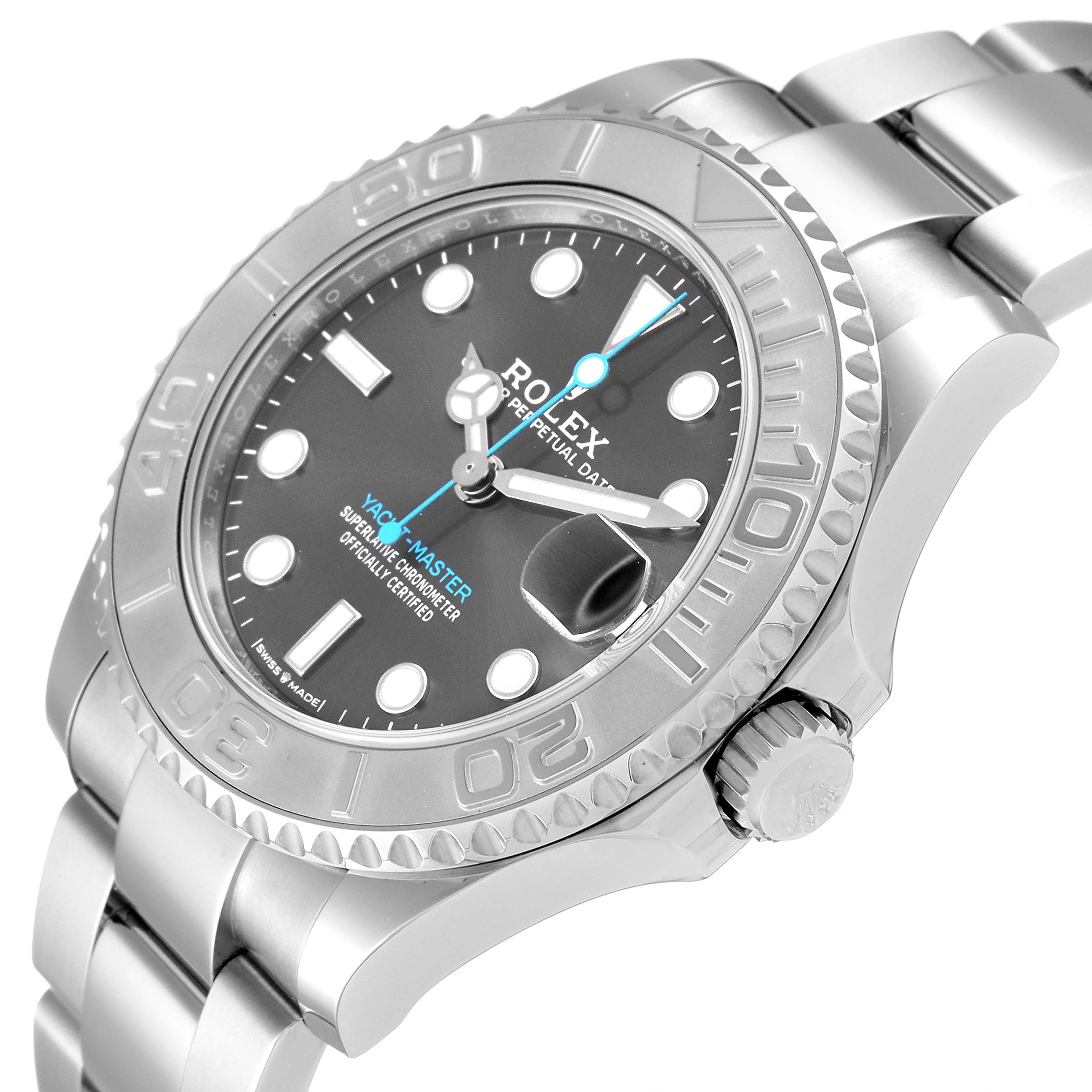 The Rolex Yacht-Master 268622 Men's Stainless Steel Grey Dial 268622 Men's Stainless Steel Grey Dial watch is shown from a three-quarter angle, highlighting the dial, bezel, crown, and part of the bracelet.