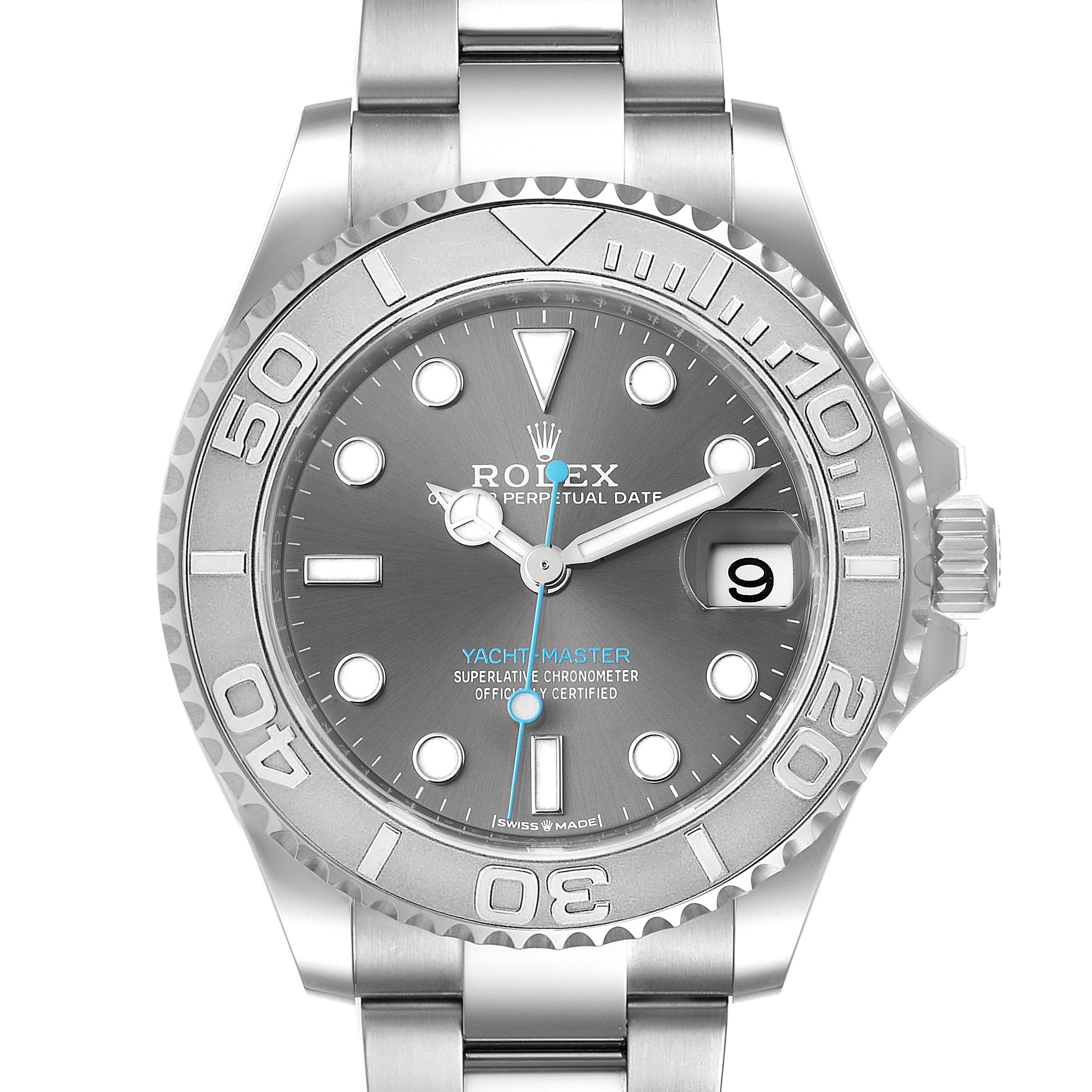 This image shows a front view of the Rolex Yacht-Master 268622 Men's Stainless Steel Grey Dial 268622 Men's Stainless Steel Grey Dial watch, highlighting the dial, bezel, and bracelet.