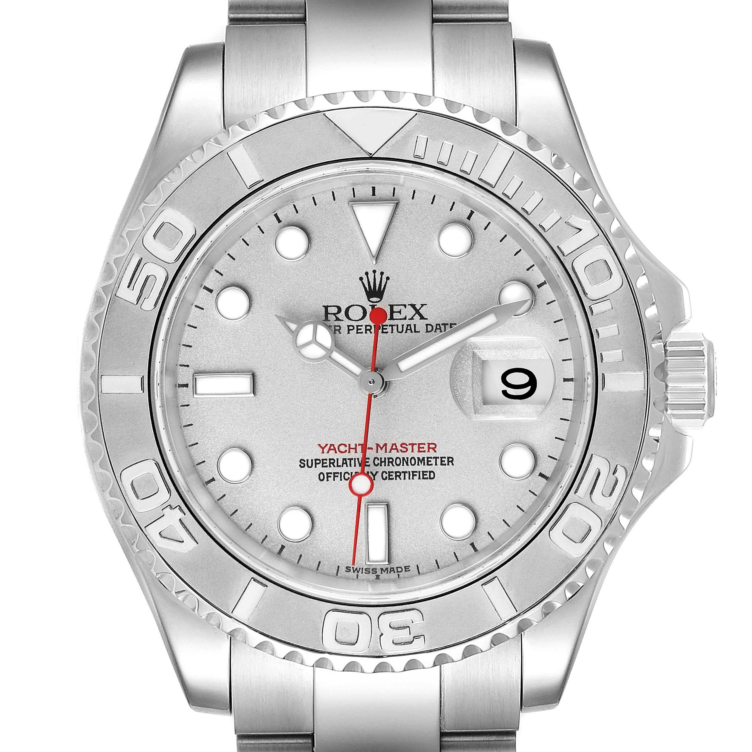 This image shows the front view of a Rolex Yacht-Master 16622 Men's Stainless Steel Silver Dial 16622 Men's Stainless Steel Silver Dial watch, including its dial, bezel, and bracelet.