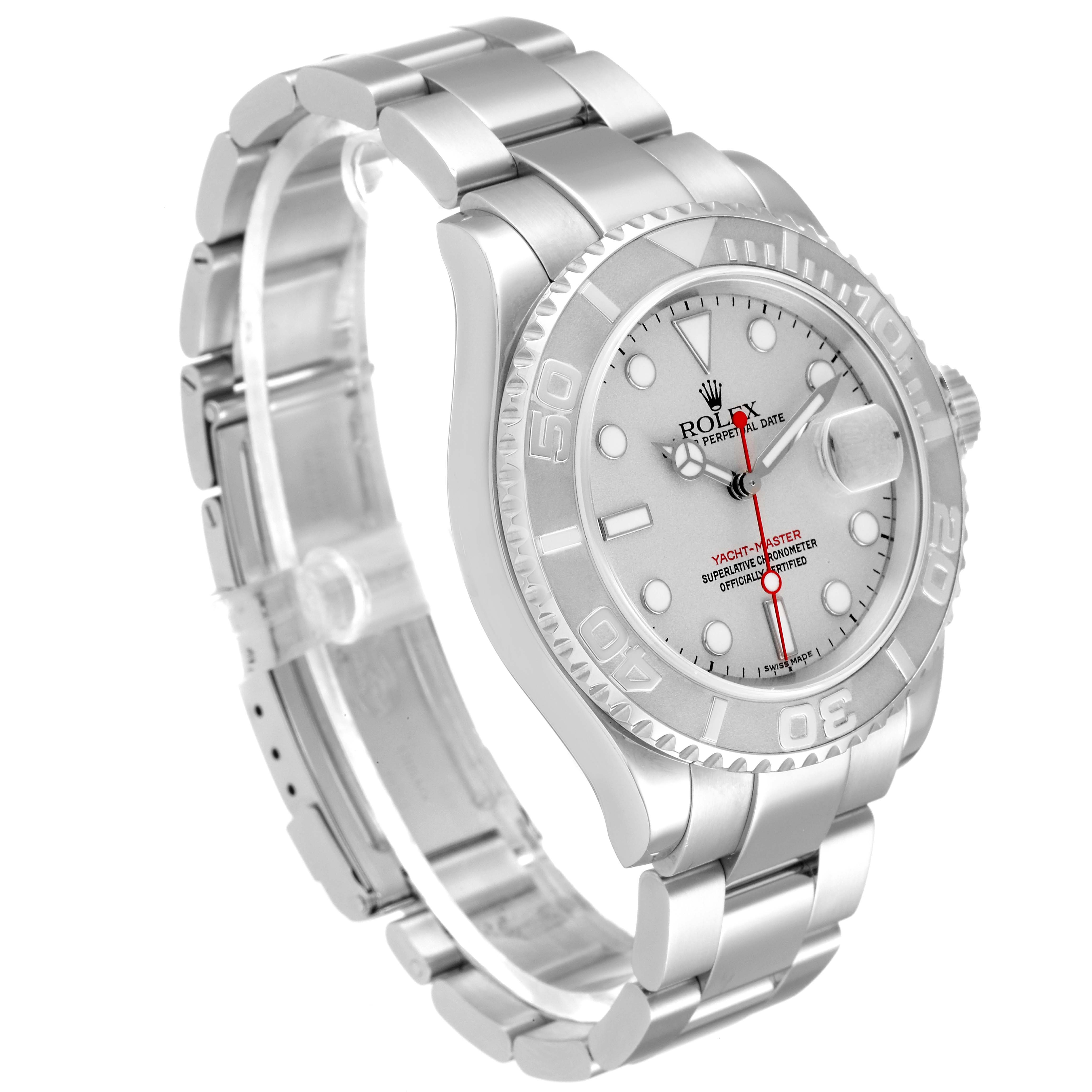 The Rolex Yacht-Master 16622 Men's Stainless Steel Silver Dial 16622 Men's Stainless Steel Silver Dial watch is shown at a three-quarter angle, highlighting the dial, bezel, and bracelet.