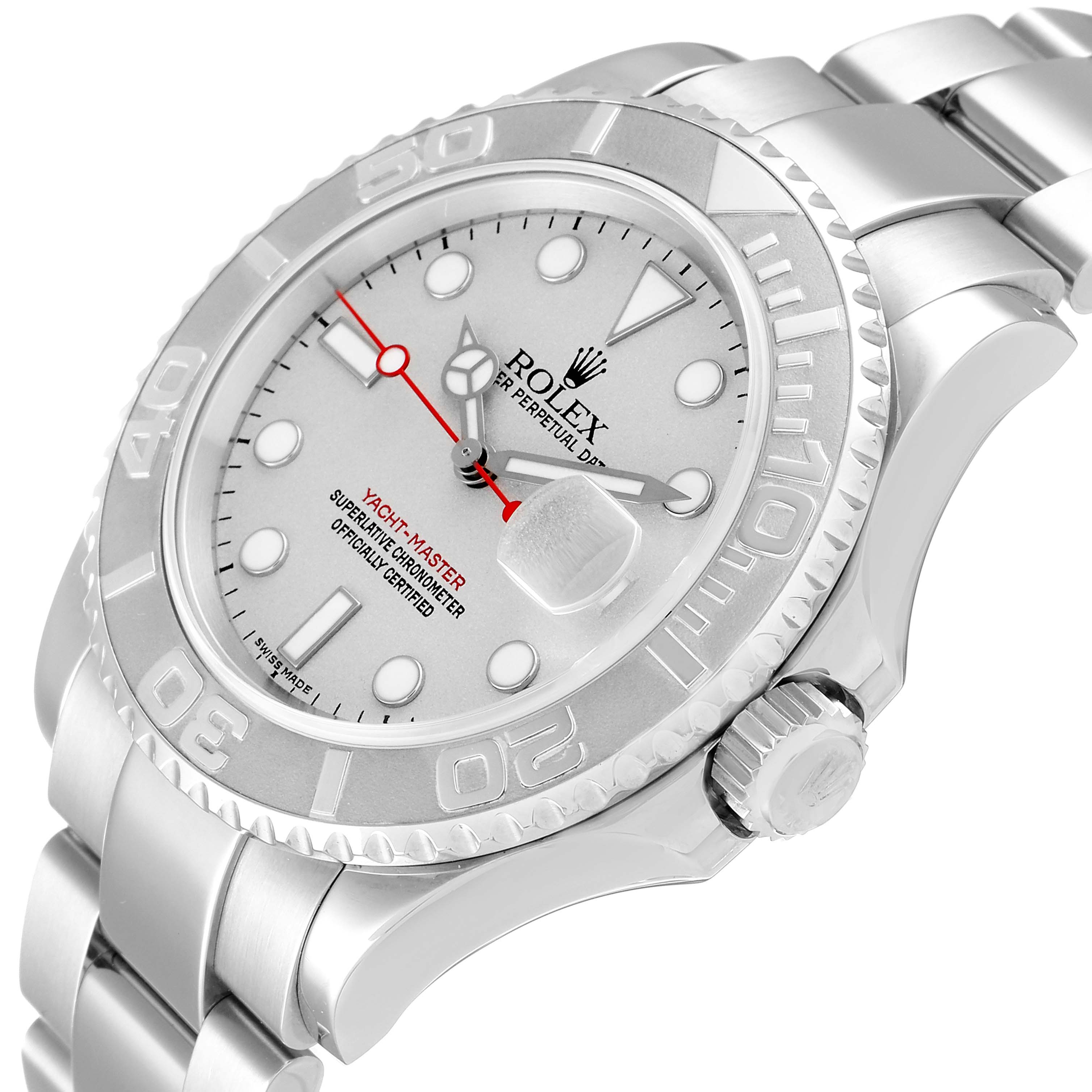 The Rolex Yacht-Master 16622 Men's Stainless Steel Silver Dial 16622 Men's Stainless Steel Silver Dial watch is shown at a slight angle, displaying the face, bezel, crown, and part of the bracelet.