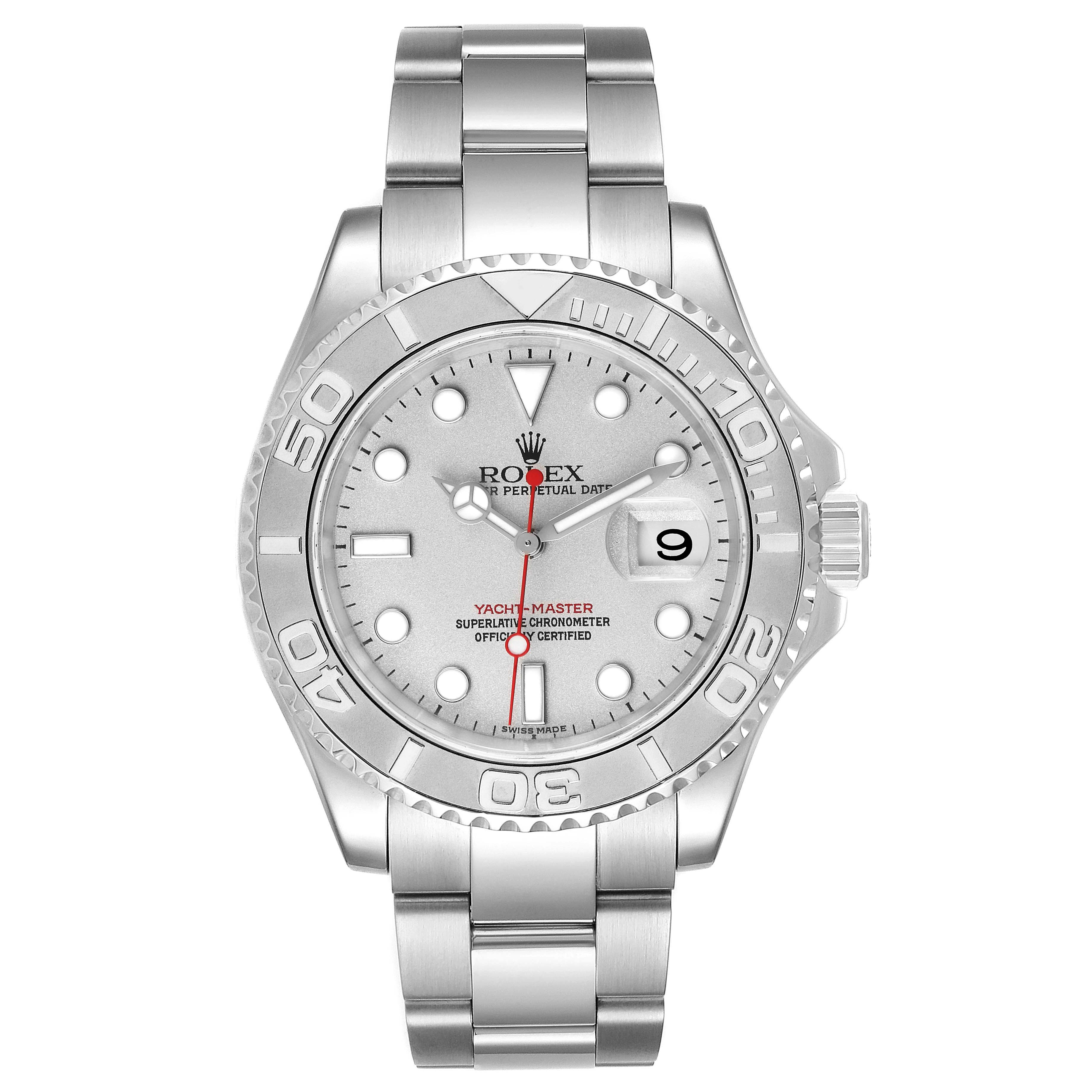 This is a head-on view of the Rolex Yacht-Master 16622 Men's Stainless Steel Silver Dial 16622 Men's Stainless Steel Silver Dial watch showing the face, bezel, dial, and bracelet.