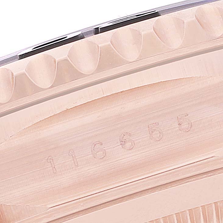 This image shows a close-up of the Rolex Yacht-Master 116655 Men's Rose Gold Pink Dial 116655 Men's Rose Gold Pink Dial's knurled bezel and case with the model number 116655 visible.