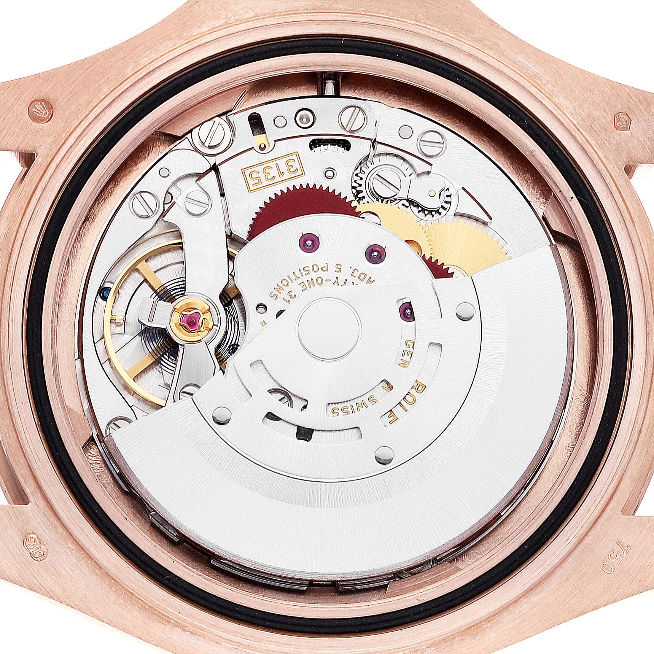 This close-up image shows the intricate internal mechanical movement of a Rolex Yacht-Master 116655 Men's Rose Gold Pink Dial 116655 Men's Rose Gold Pink Dial watch.