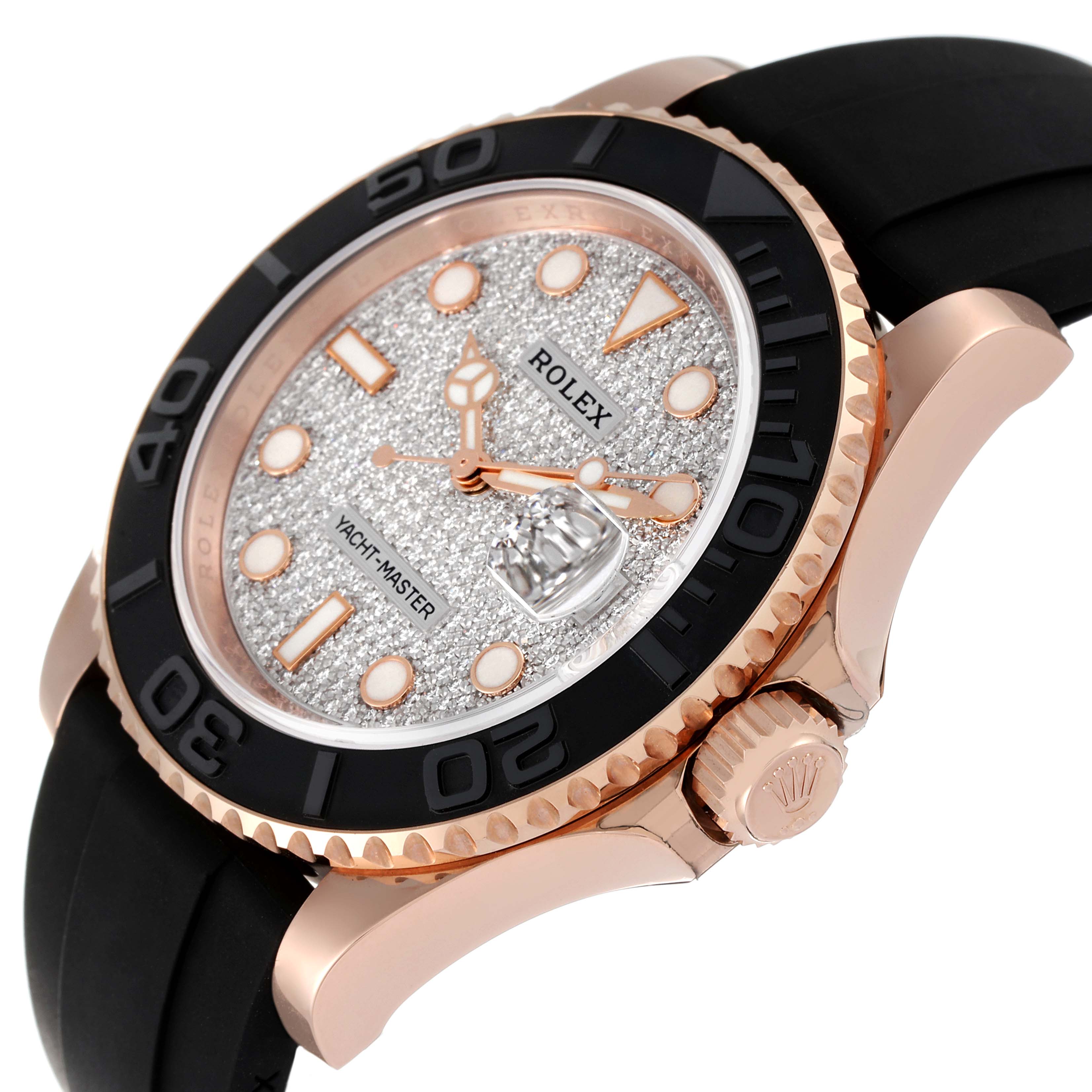 The Rolex Yacht-Master 116655 Men's Rose Gold Pink Dial 116655 Men's Rose Gold Pink Dial watch is shown at a slight angle, highlighting the bezel, dial, case, and crown with a black strap.