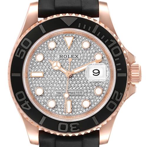 Photo of Rolex Yachtmaster 40mm Rose Gold Diamond Pave Dial Oysterflex Watch 116655 Box Card