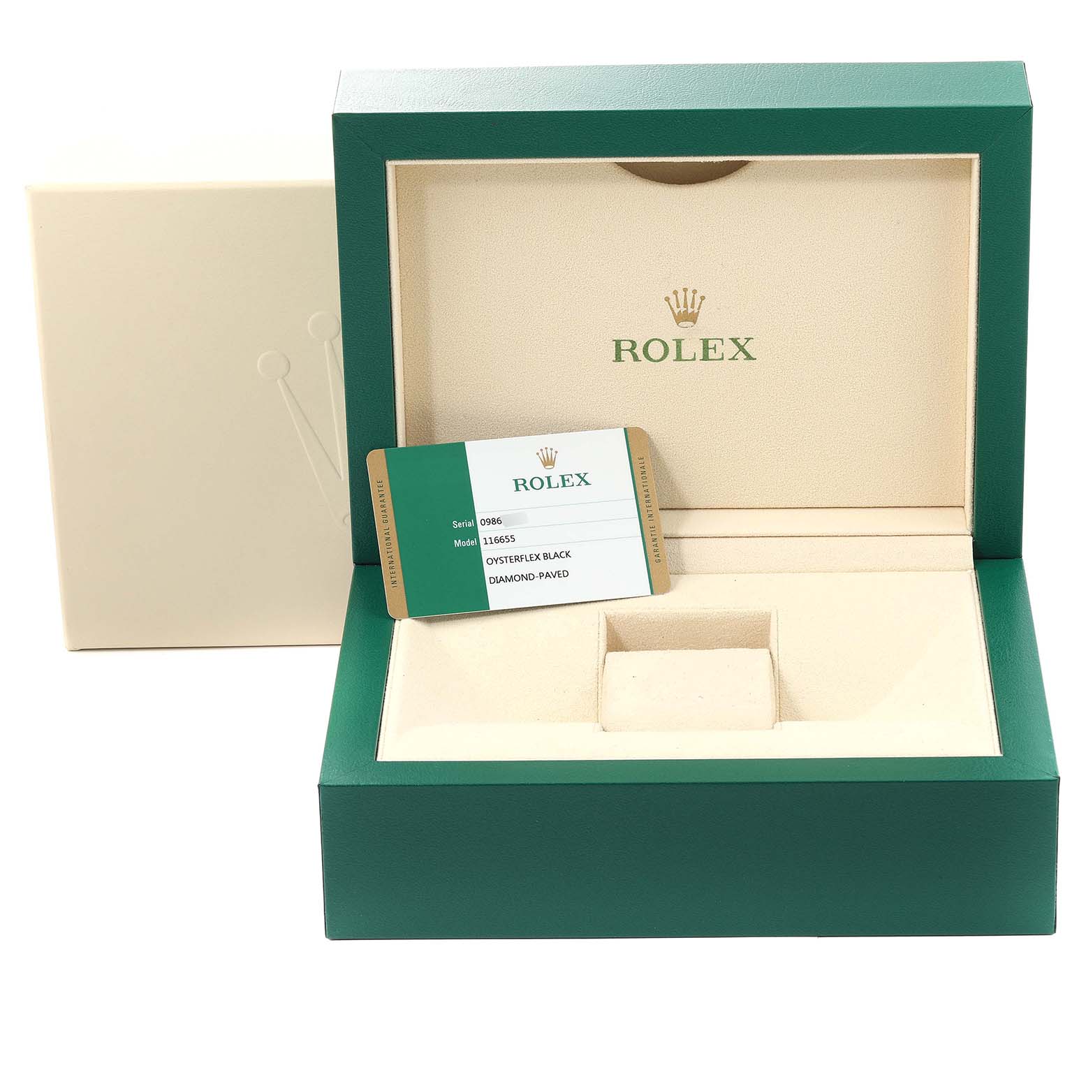 This image shows an open Rolex Yacht-Master 116655 Men's Rose Gold Pink Dial 116655 Men's Rose Gold Pink Dial watch box with a warranty card displayed inside.