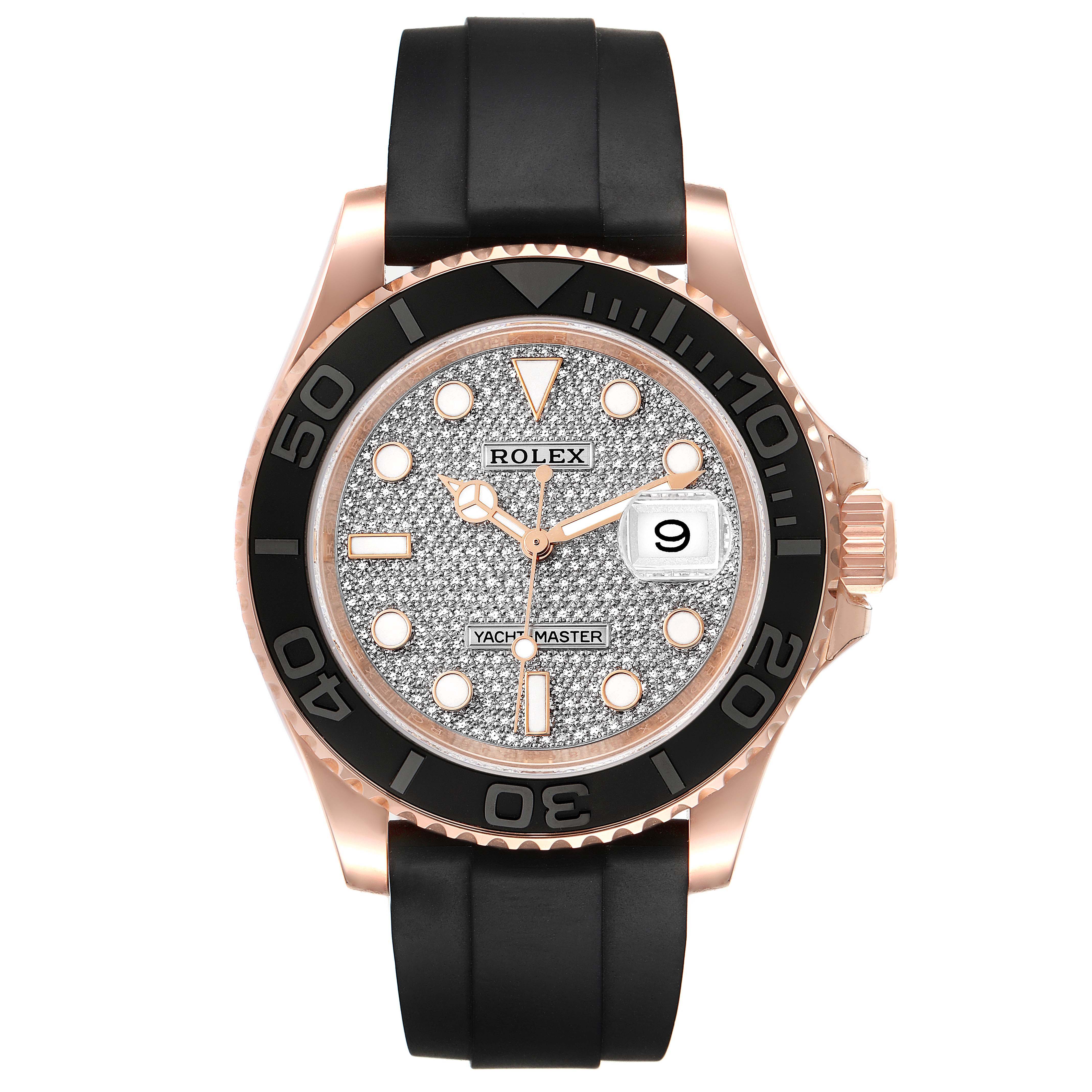 The image shows a front angle of a Rolex Yacht-Master 116655 Men's Rose Gold Pink Dial 116655 Men's Rose Gold Pink Dial watch with a black bezel, diamond-studded dial, black rubber strap, and date display.