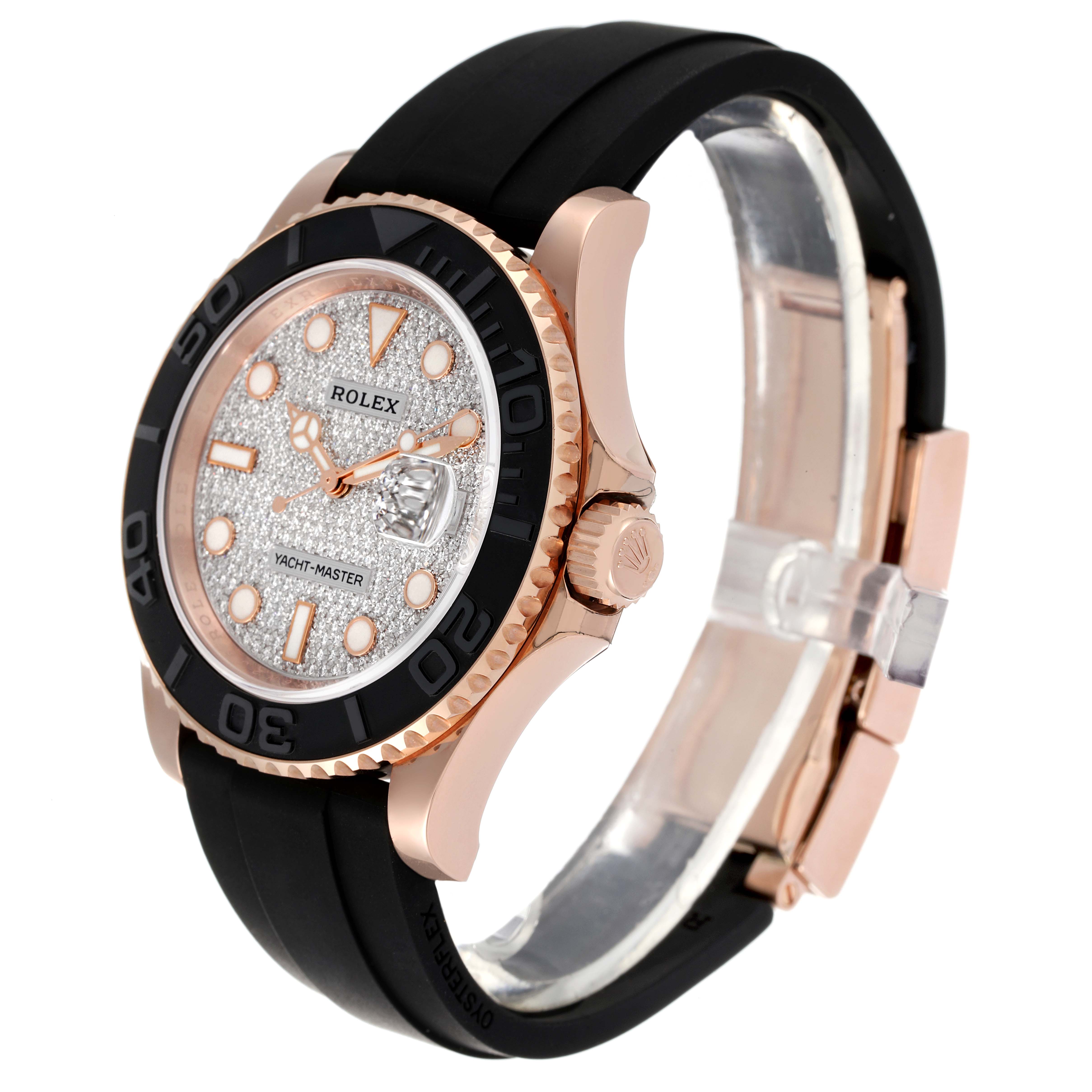 The image shows a side angle view of the Rolex Yacht-Master 116655 Men's Rose Gold Pink Dial 116655 Men's Rose Gold Pink Dial watch, highlighting its bezel, dial, crown, and strap.