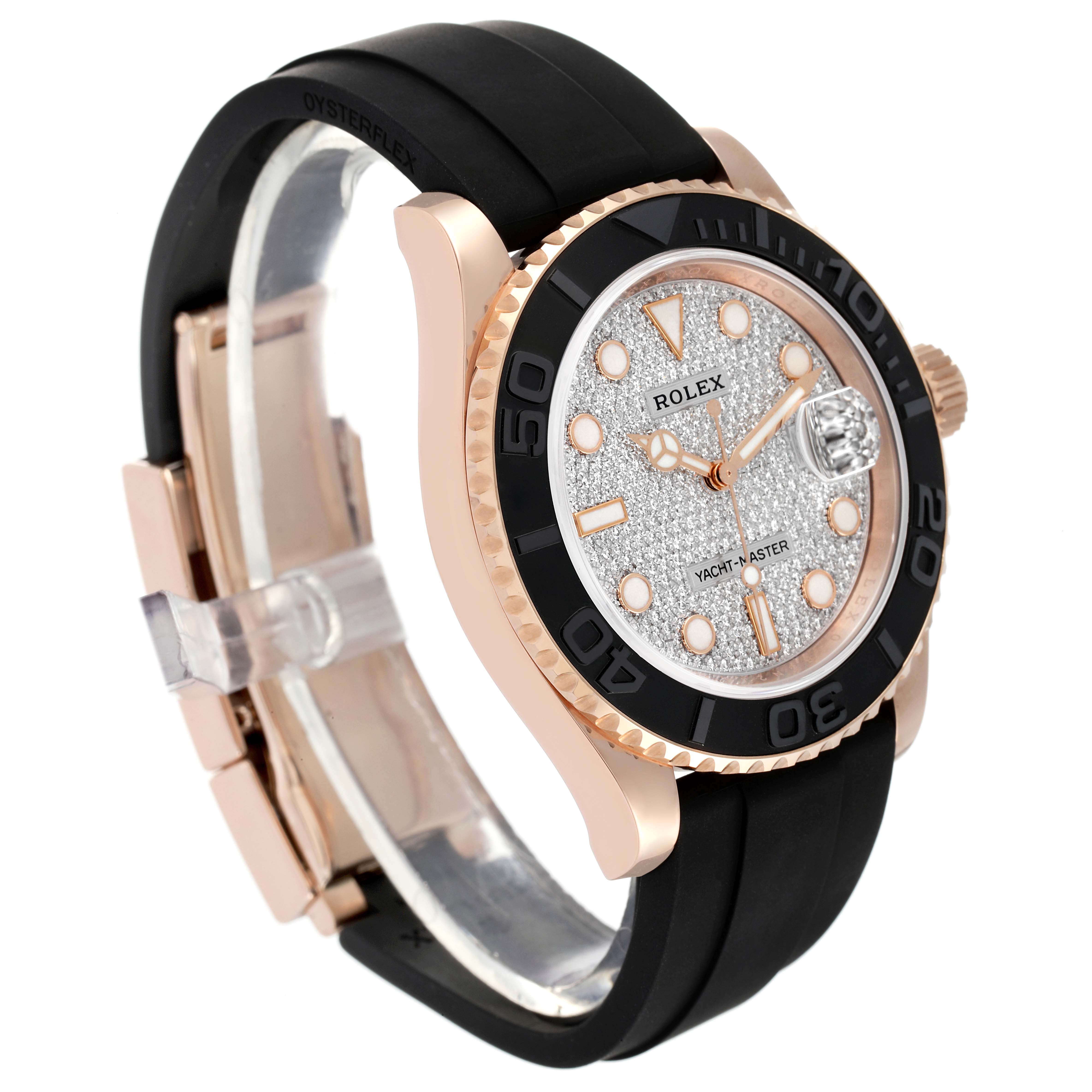 The Rolex Yacht-Master 116655 Men's Rose Gold Pink Dial 116655 Men's Rose Gold Pink Dial watch is shown at a three-quarter angle, highlighting the bezel, dial, and band.