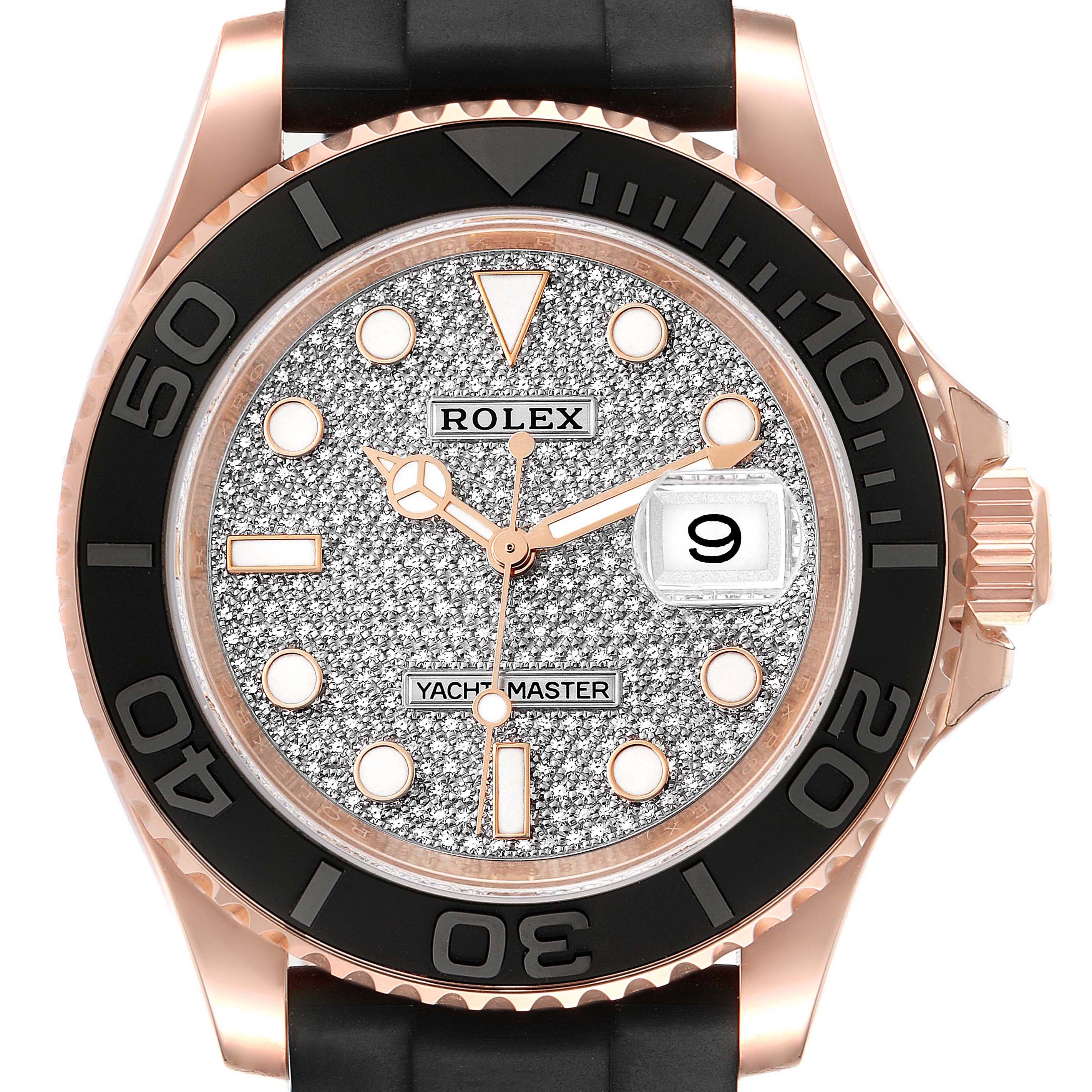 The image shows a Rolex Yacht-Master 116655 Men's Rose Gold Pink Dial 116655 Men's Rose Gold Pink Dial watch with its face, bezel, crown, and strap clearly visible in a front view.