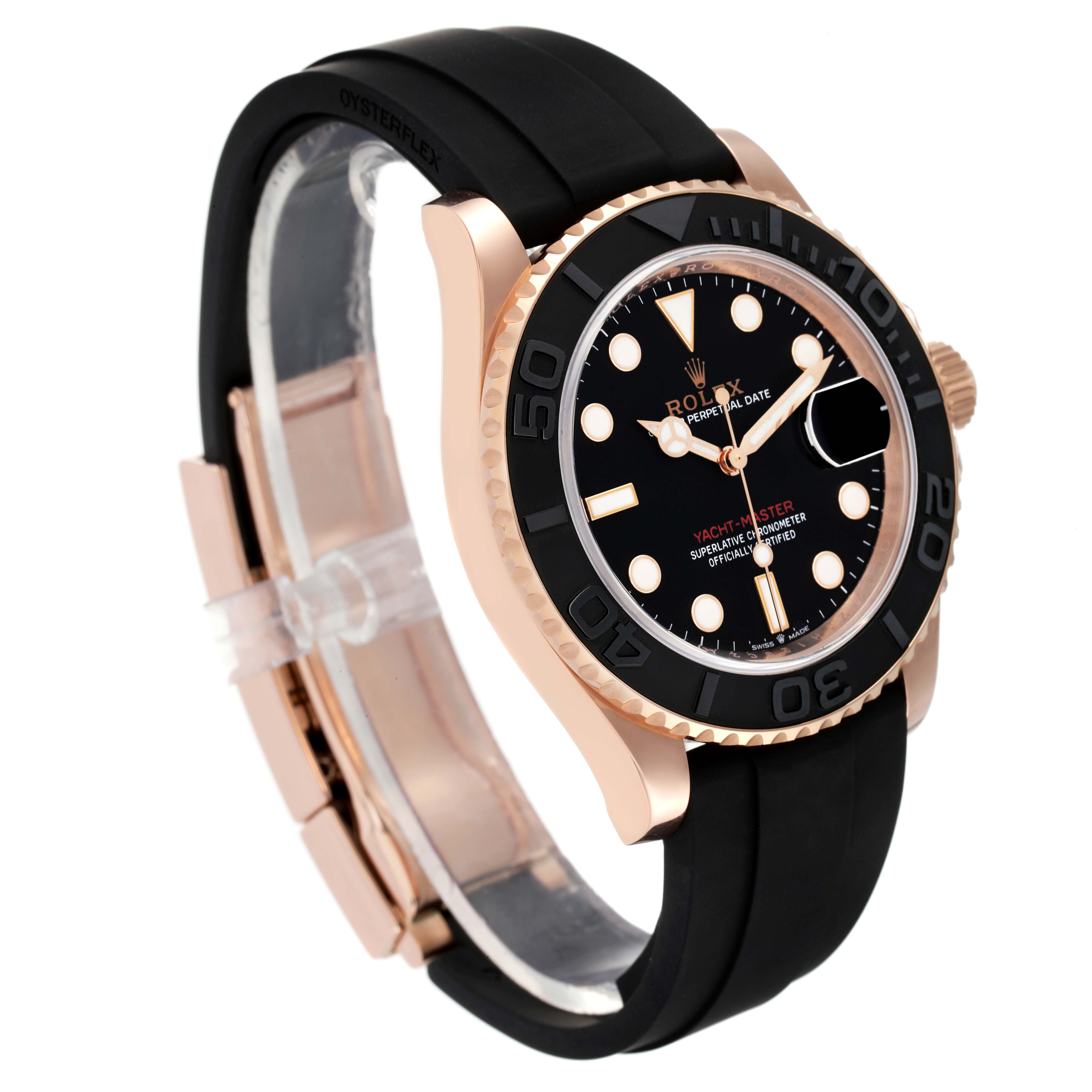 This image shows a Rolex Yacht-Master 126655 Men
s Rose Gold Black Dial 126655 Men
s Rose Gold Black Dial watch at an angle, highlighting its dial, bezel, case, and black Oysterflex strap.