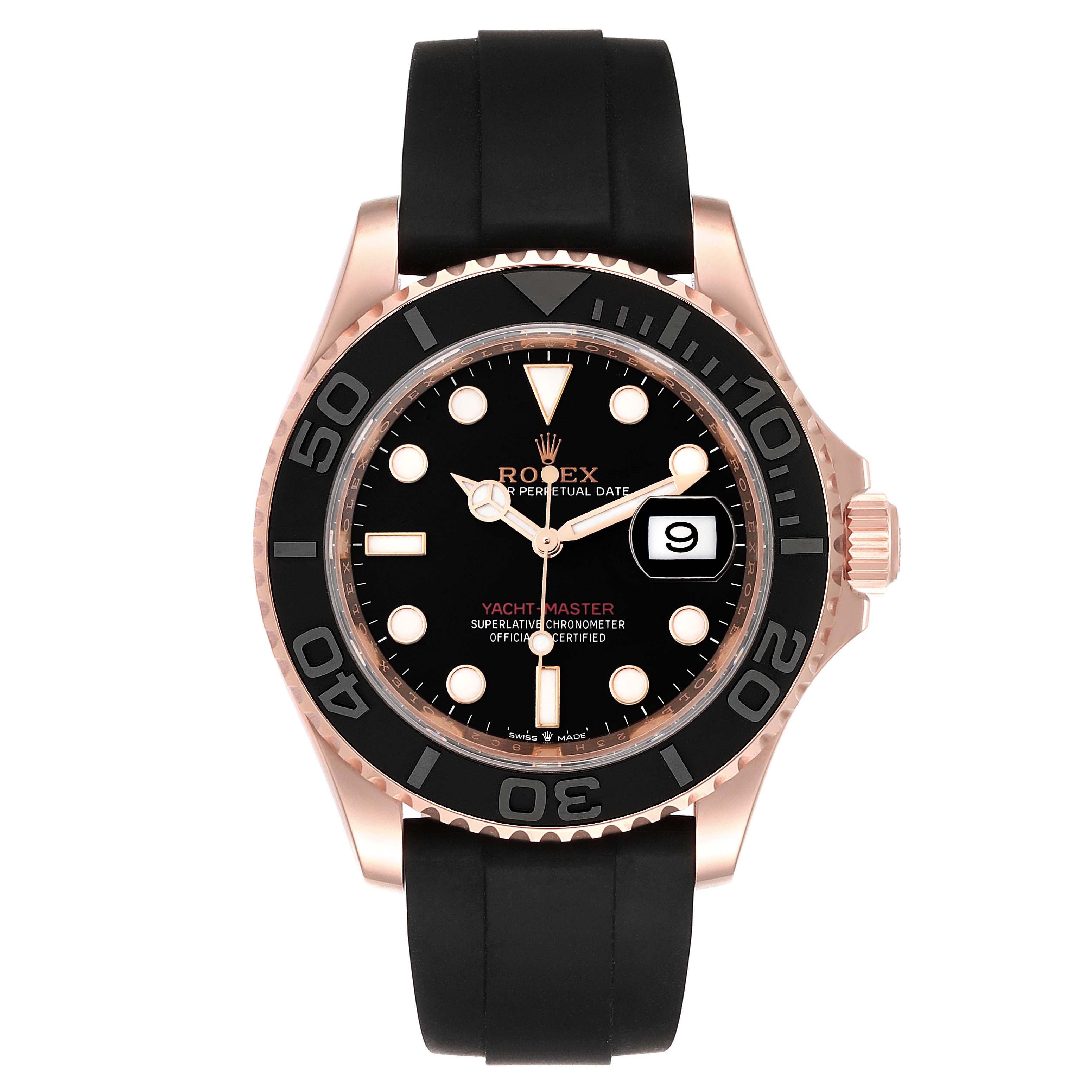 This Rolex Yacht-Master 126655 Men
s Rose Gold Black Dial 126655 Men
s Rose Gold Black Dial watch is shown in a front view, displaying its black dial, rotating bezel, and rubber strap.
