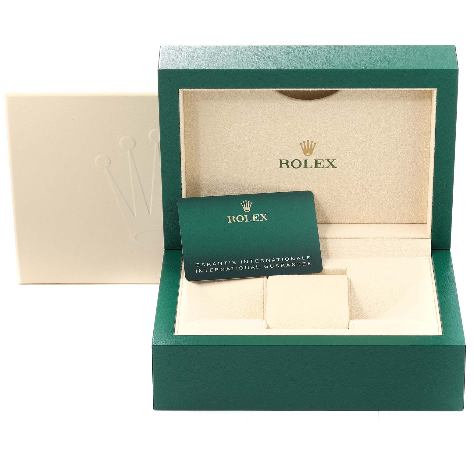 The image shows the open packaging for a Rolex Yacht-Master 126655 Men
s Rose Gold Black Dial 126655 Men
s Rose Gold Black Dial watch, including the box and the international guarantee card.
