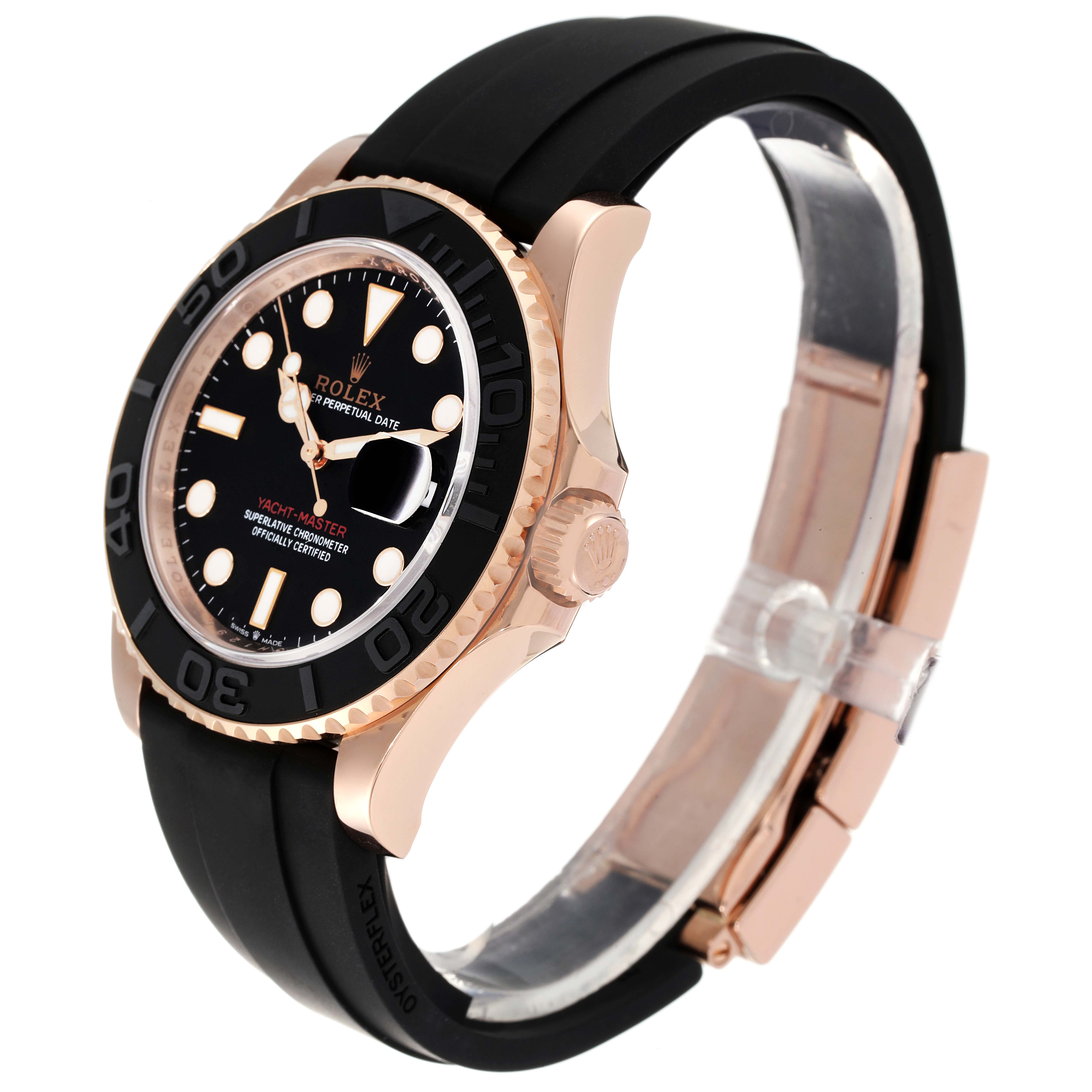 This image shows a side angle of the Rolex Yacht-Master 126655 Men
s Rose Gold Black Dial 126655 Men
s Rose Gold Black Dial watch, highlighting its black dial, bezel, and strap.