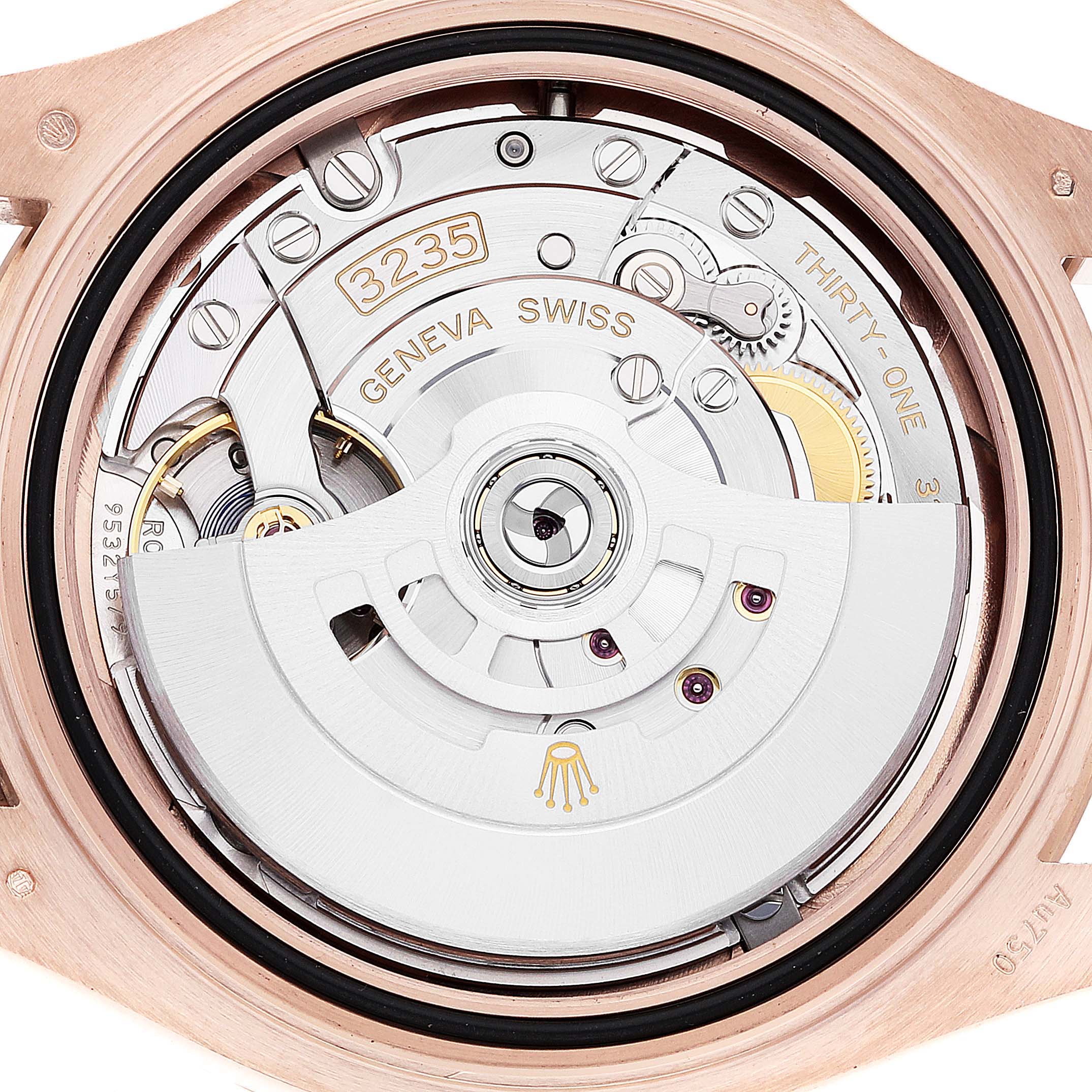 This image shows the inner mechanical movement parts of a Rolex Yacht-Master 126655 Men
s Rose Gold Black Dial 126655 Men
s Rose Gold Black Dial watch, viewed from the back.