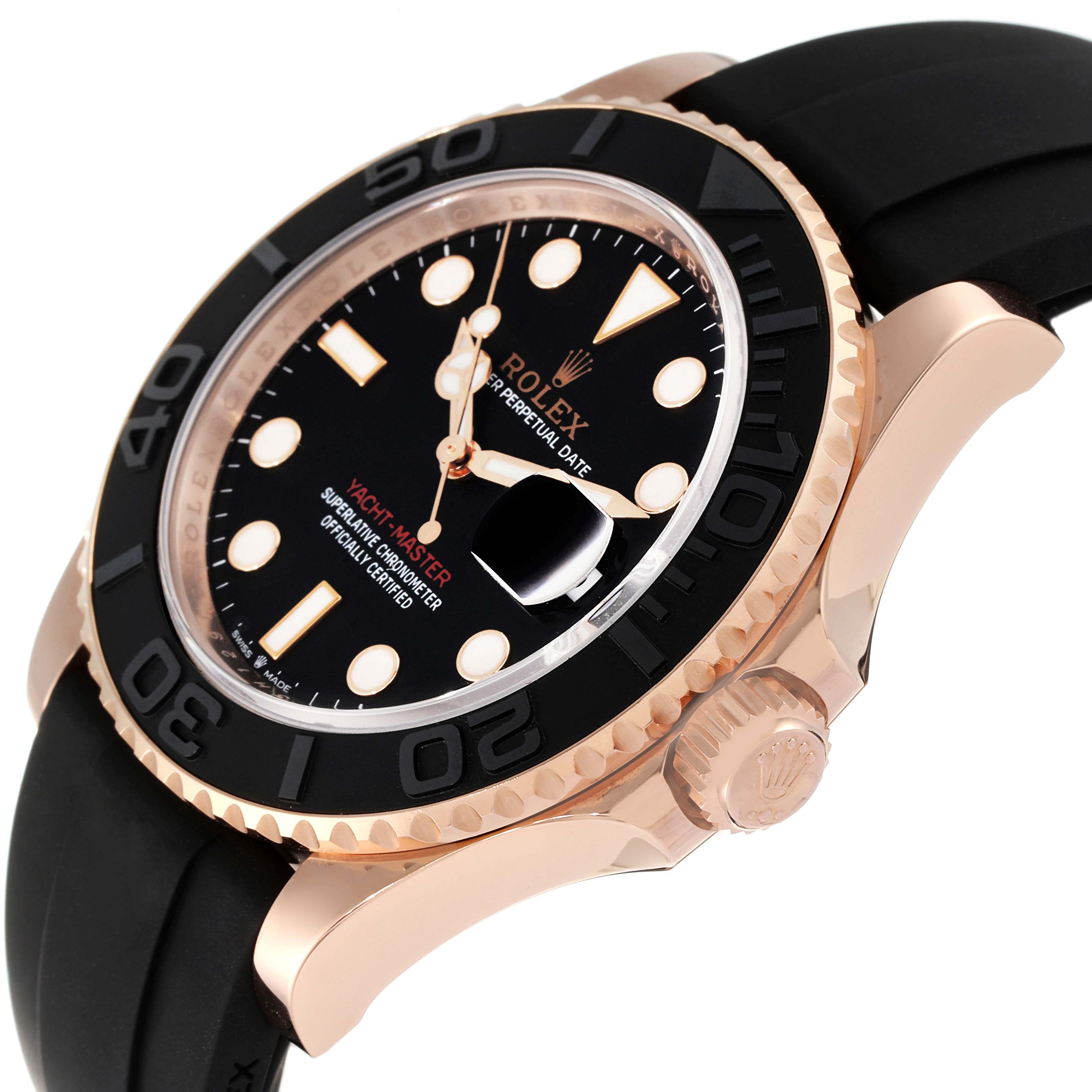 This image shows a close-up, angled view of a Rolex Yacht-Master 126655 Men
s Rose Gold Black Dial 126655 Men
s Rose Gold Black Dial watch, highlighting its face, bezel, and crown.
