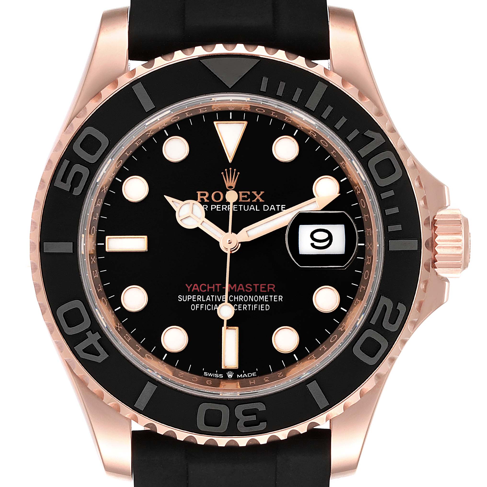 The Rolex Yacht-Master 126655 Men
s Rose Gold Black Dial 126655 Men
s Rose Gold Black Dial watch is shown from a front angle, featuring the face, bezel, and crown.