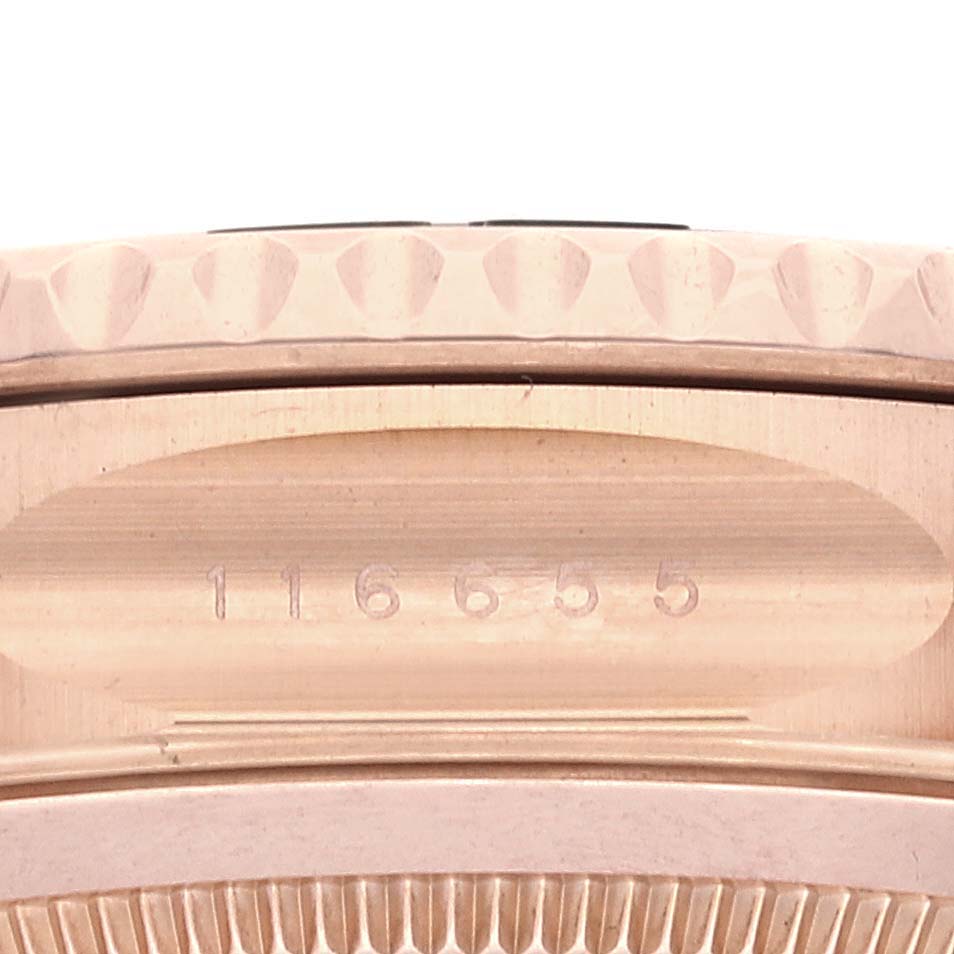 This image shows a close-up angle of the Rolex Yacht-Master 116655 Men
s Rose Gold Black Dial 116655 Men
s Rose Gold Black Dial model, focusing on the watch case with the model number "116655."