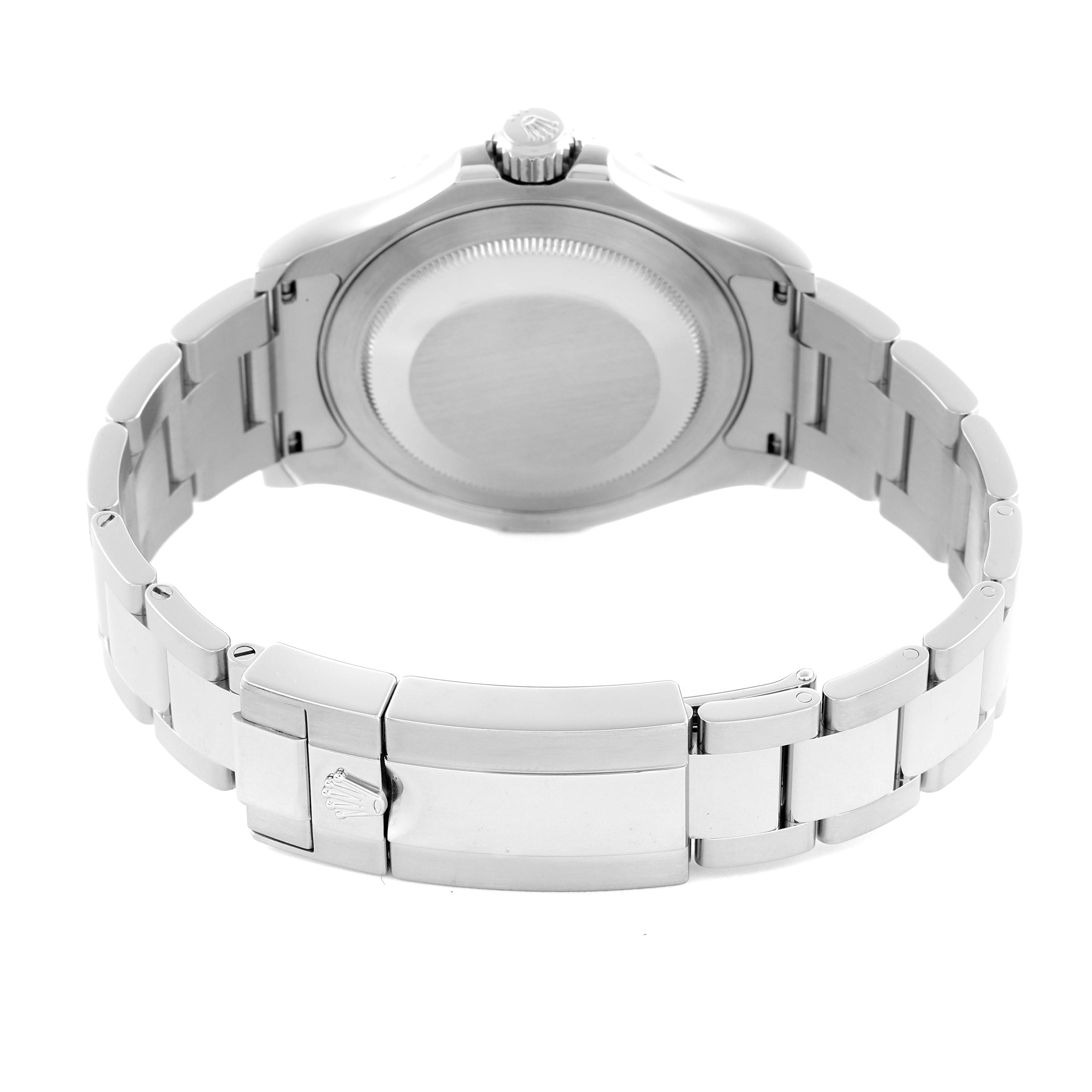 The Rolex Yacht-Master 116622 Men's Stainless Steel Grey Dial 116622 Men's Stainless Steel Grey Dial is shown from the back, displaying the case back and bracelet with the clasp closed.