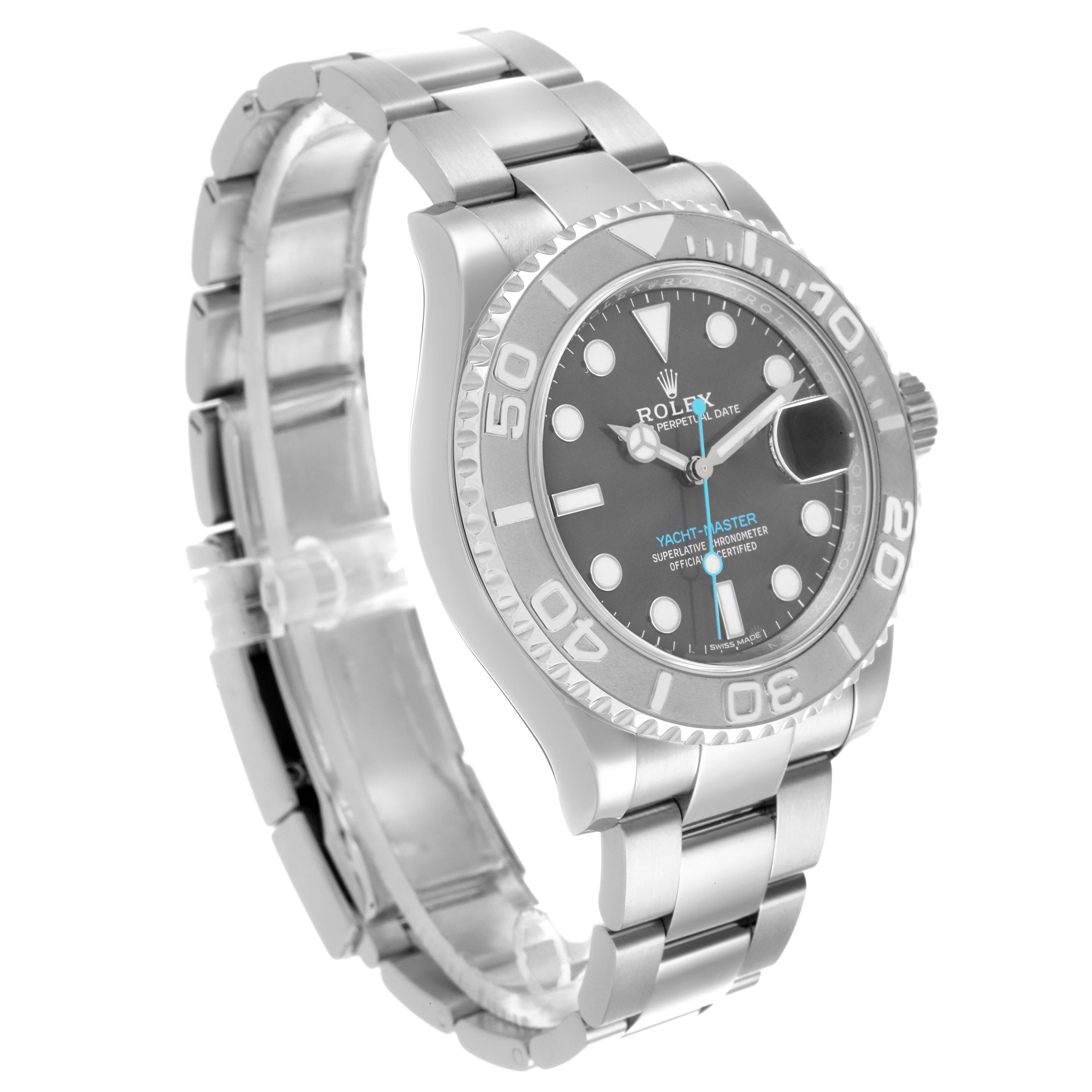 The Rolex Yacht-Master 116622 Men's Stainless Steel Grey Dial 116622 Men's Stainless Steel Grey Dial watch is shown at a three-quarter angle, displaying the face, bezel, and bracelet.
