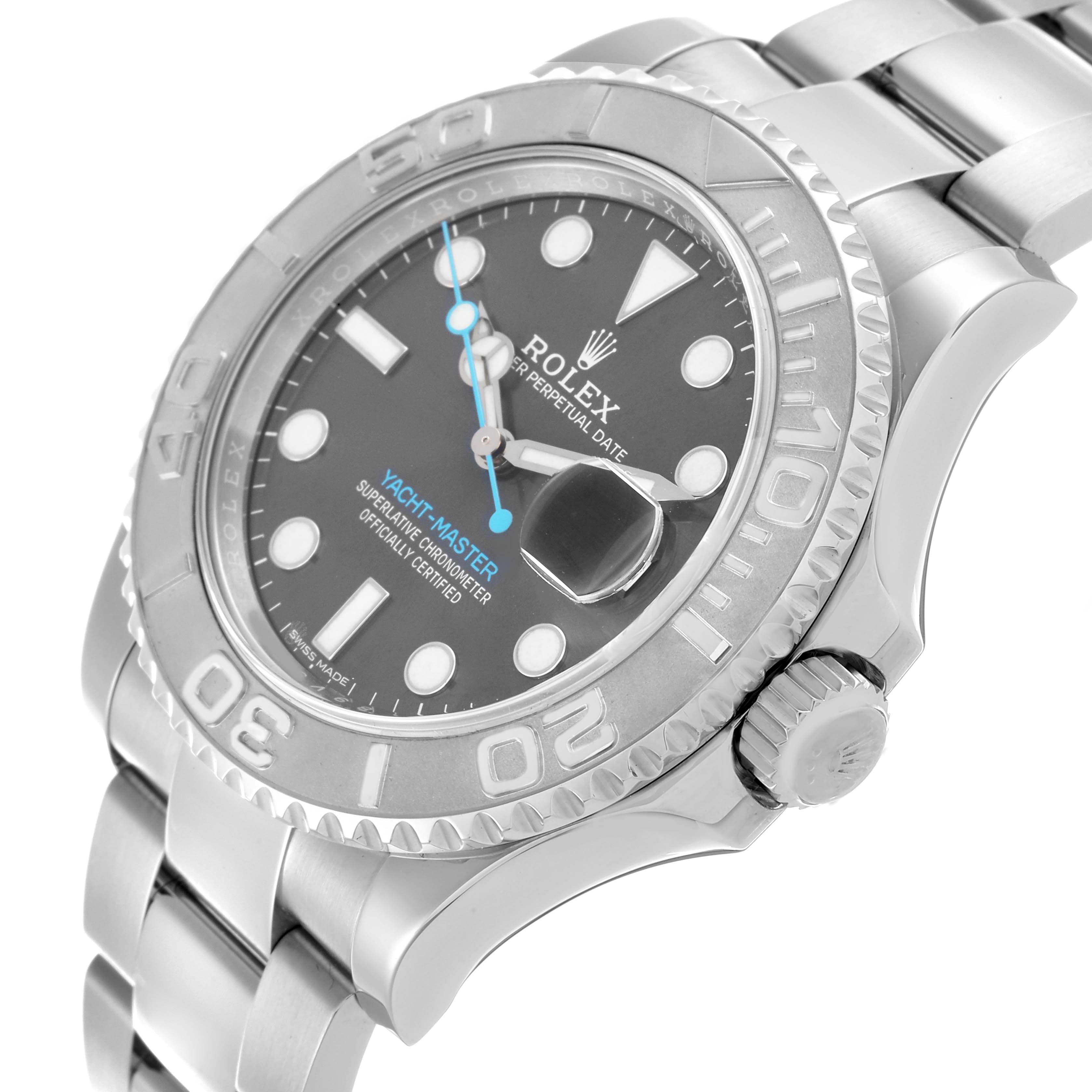 The Rolex Yacht-Master 116622 Men's Stainless Steel Grey Dial 116622 Men's Stainless Steel Grey Dial watch is shown at an angled view highlighting the bezel, dial, and bracelet.