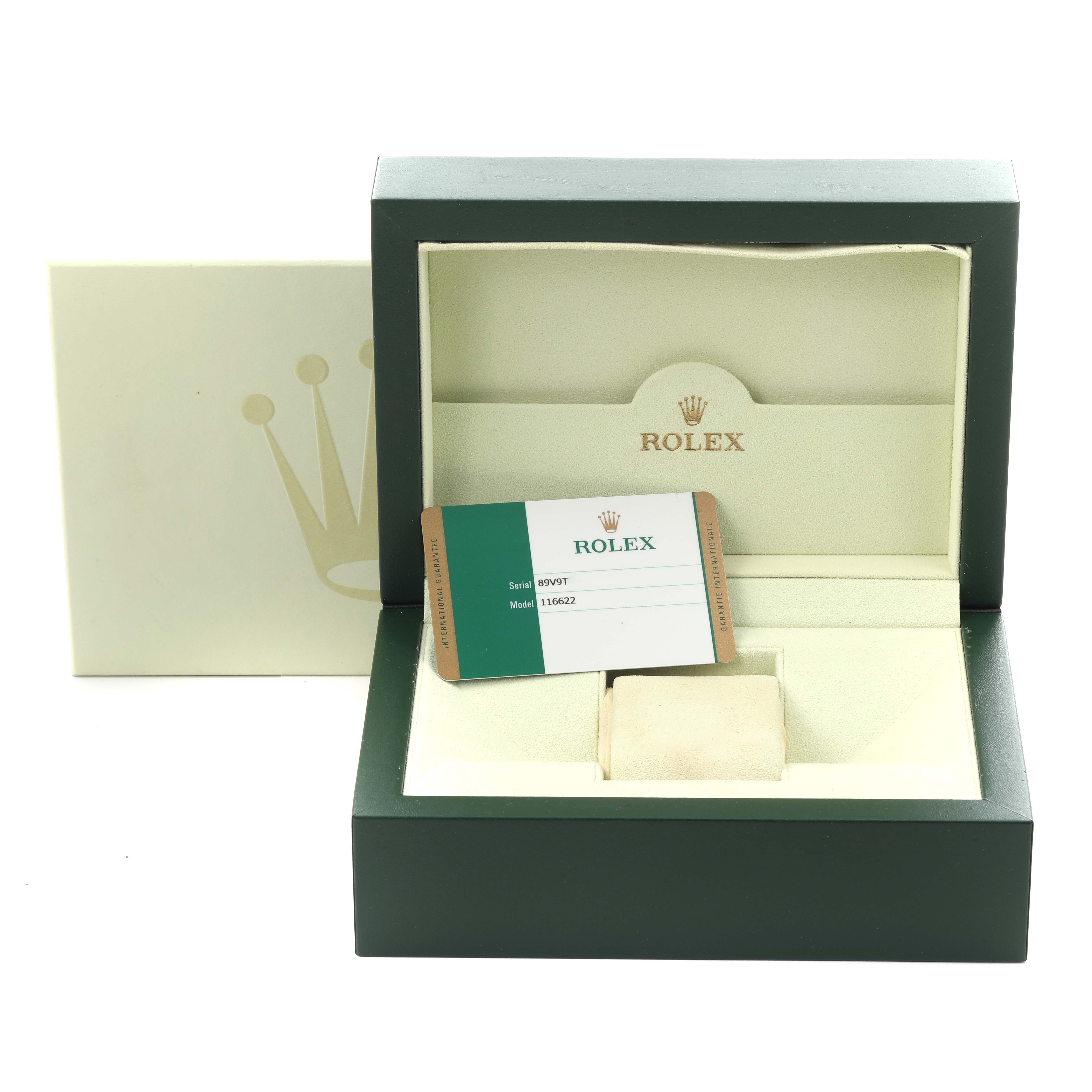 The image shows the packaging and authenticity card for a Rolex Yacht-Master 116622 Men's Stainless Steel Grey Dial 116622 Men's Stainless Steel Grey Dial watch, with an open box displaying the logo.