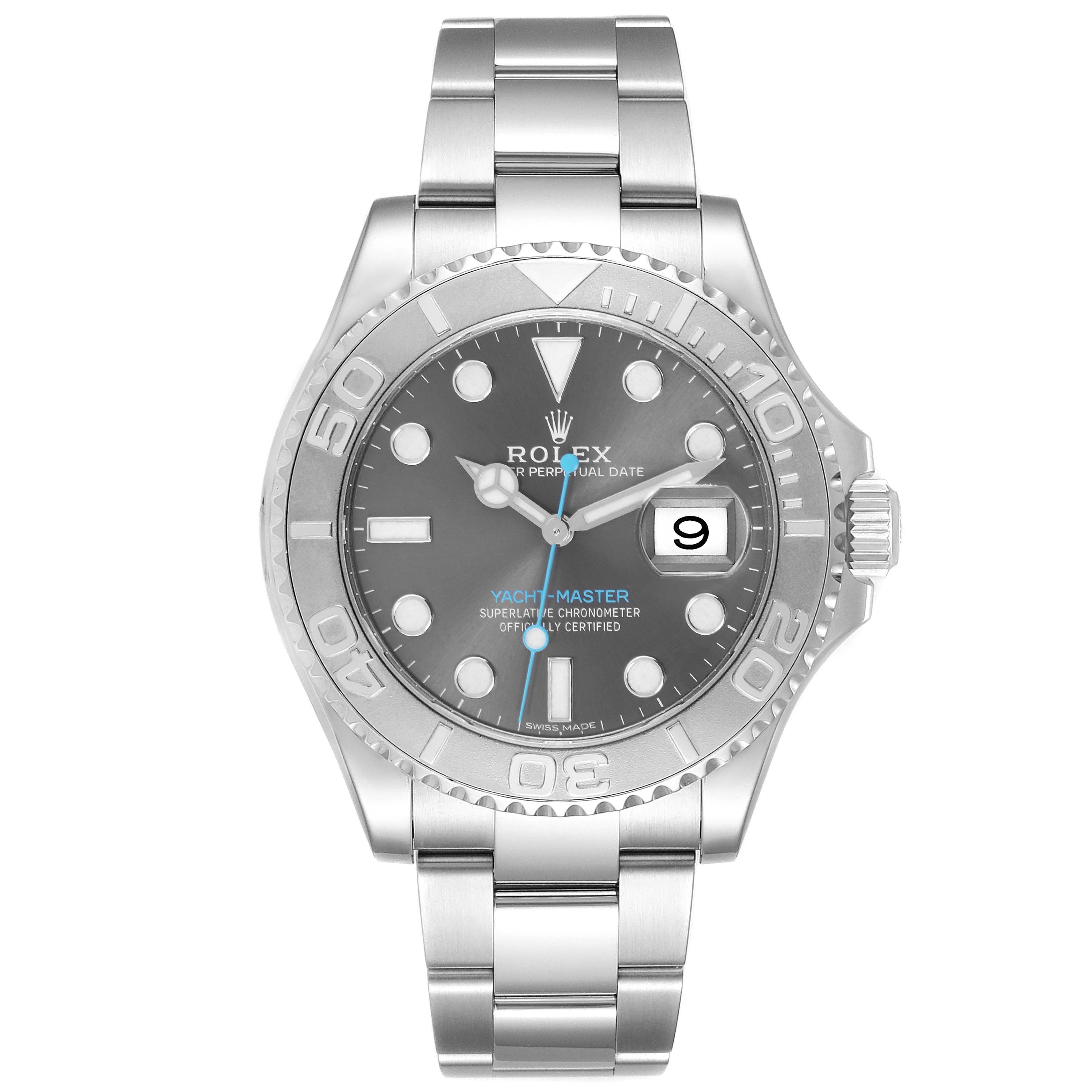 The Rolex Yacht-Master 116622 Men's Stainless Steel Grey Dial 116622 Men's Stainless Steel Grey Dial watch is shown from a front angle, displaying the dial, bezel, and bracelet clearly.