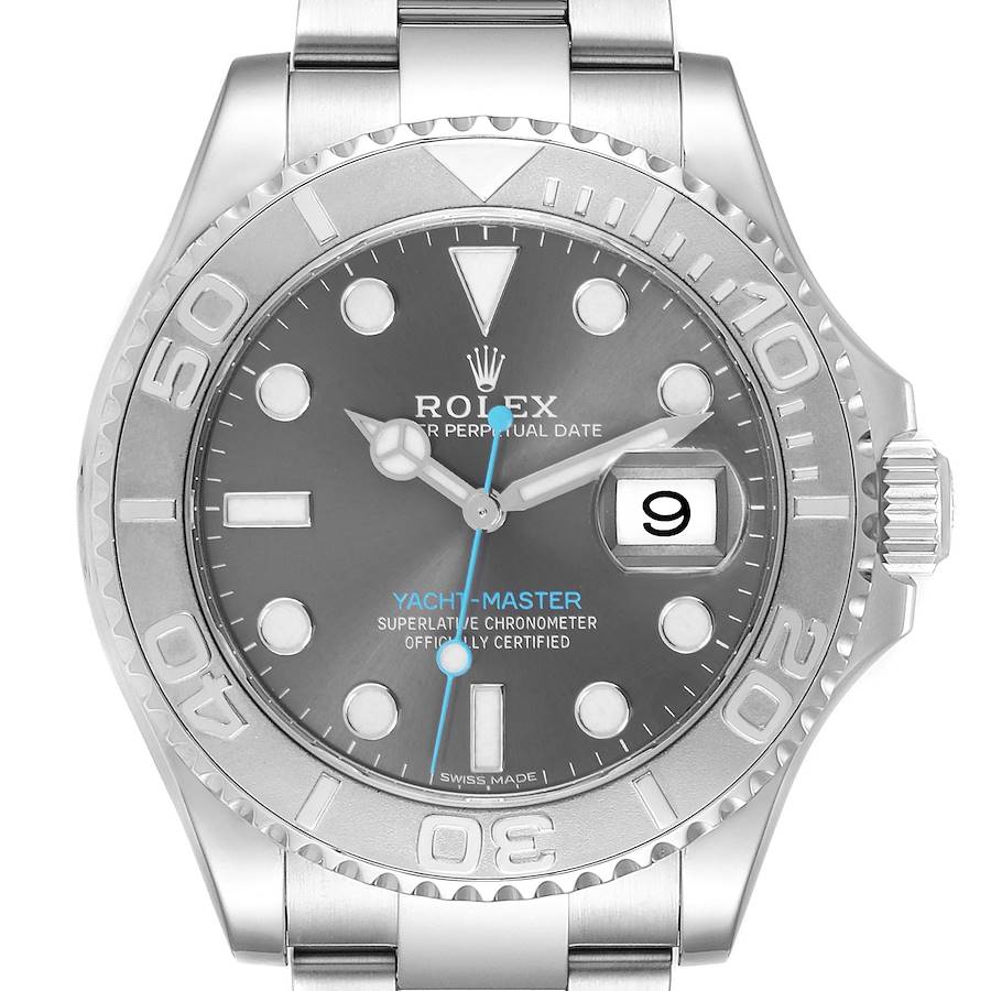 The Rolex Yacht-Master watch is shown from the front, highlighting the dial, bezel, and part of the bracelet.