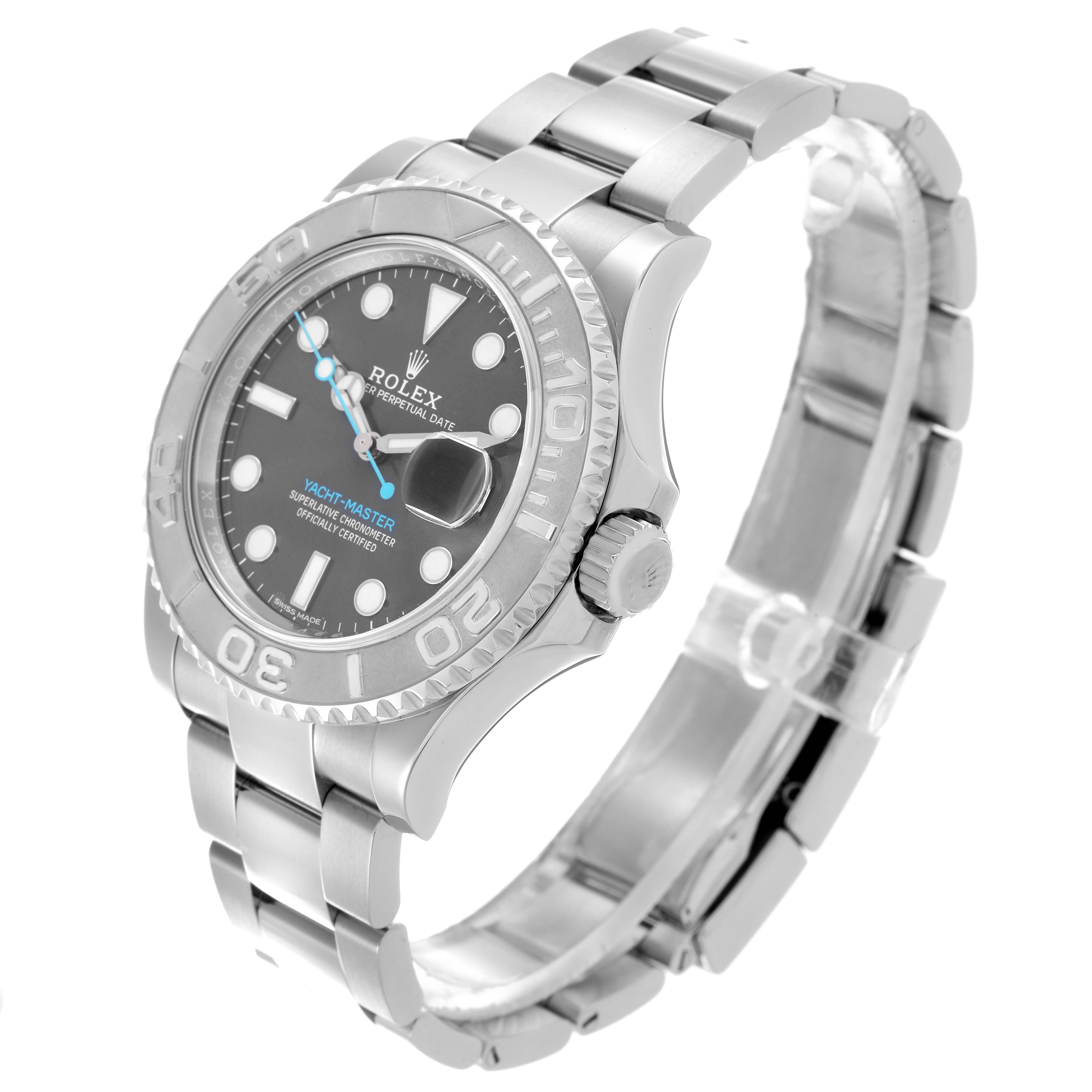 The Rolex Yacht-Master 116622 Men's Stainless Steel Grey Dial 116622 Men's Stainless Steel Grey Dial watch is shown at a three-quarter angle, highlighting the bezel, dial, crown, and bracelet.