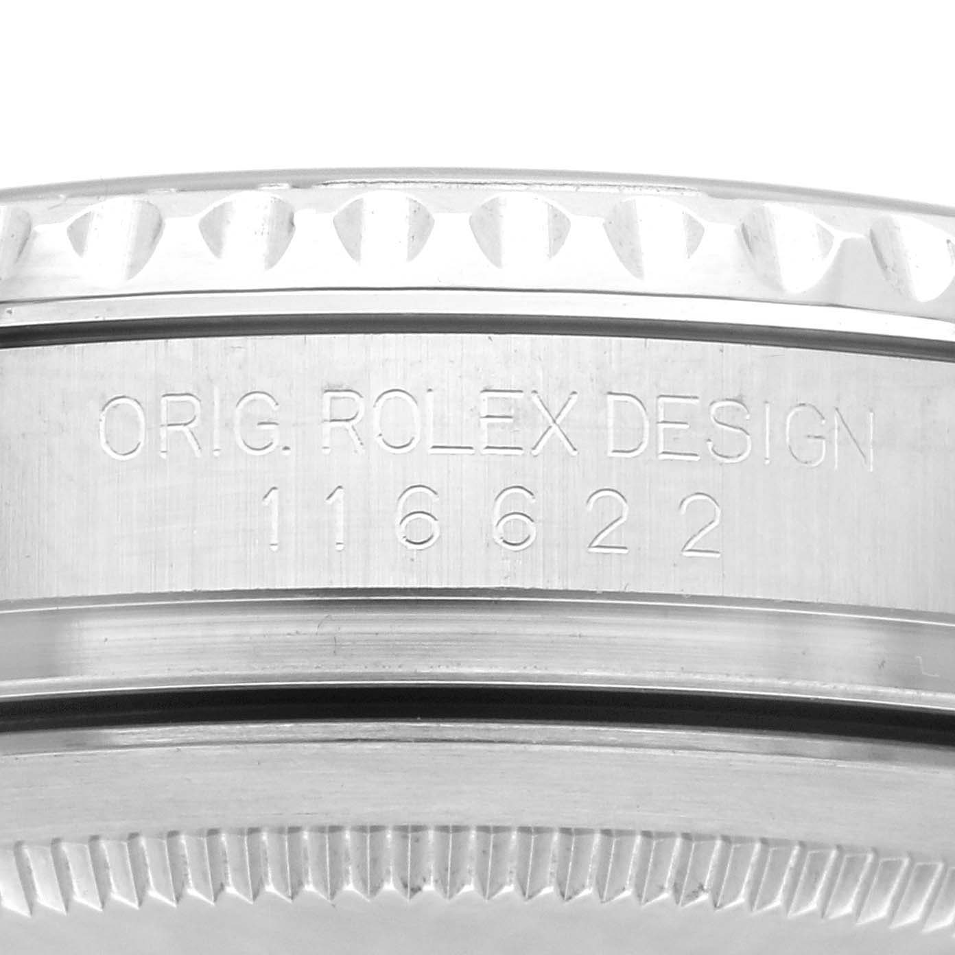 The image shows a close-up side view of the Rolex Yacht-Master 116622 Men's Stainless Steel Grey Dial 116622 Men's Stainless Steel Grey Dial's case edge with engraved model number.