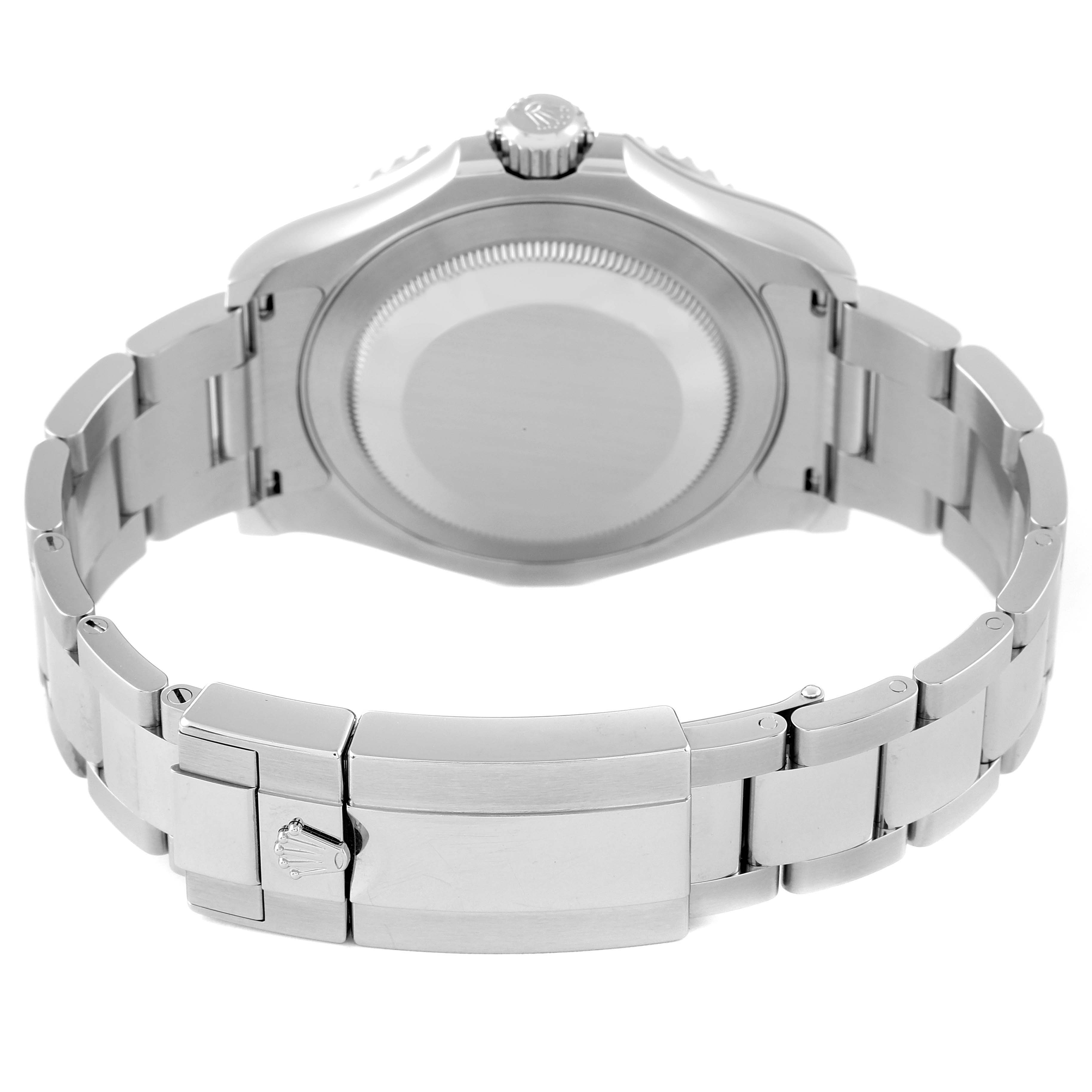 The Rolex Yacht-Master 126622 Men's Stainless Steel Blue Dial 126622 Men's Stainless Steel Blue Dial watch is shown from the back, highlighting the case back, bracelet, and clasp.