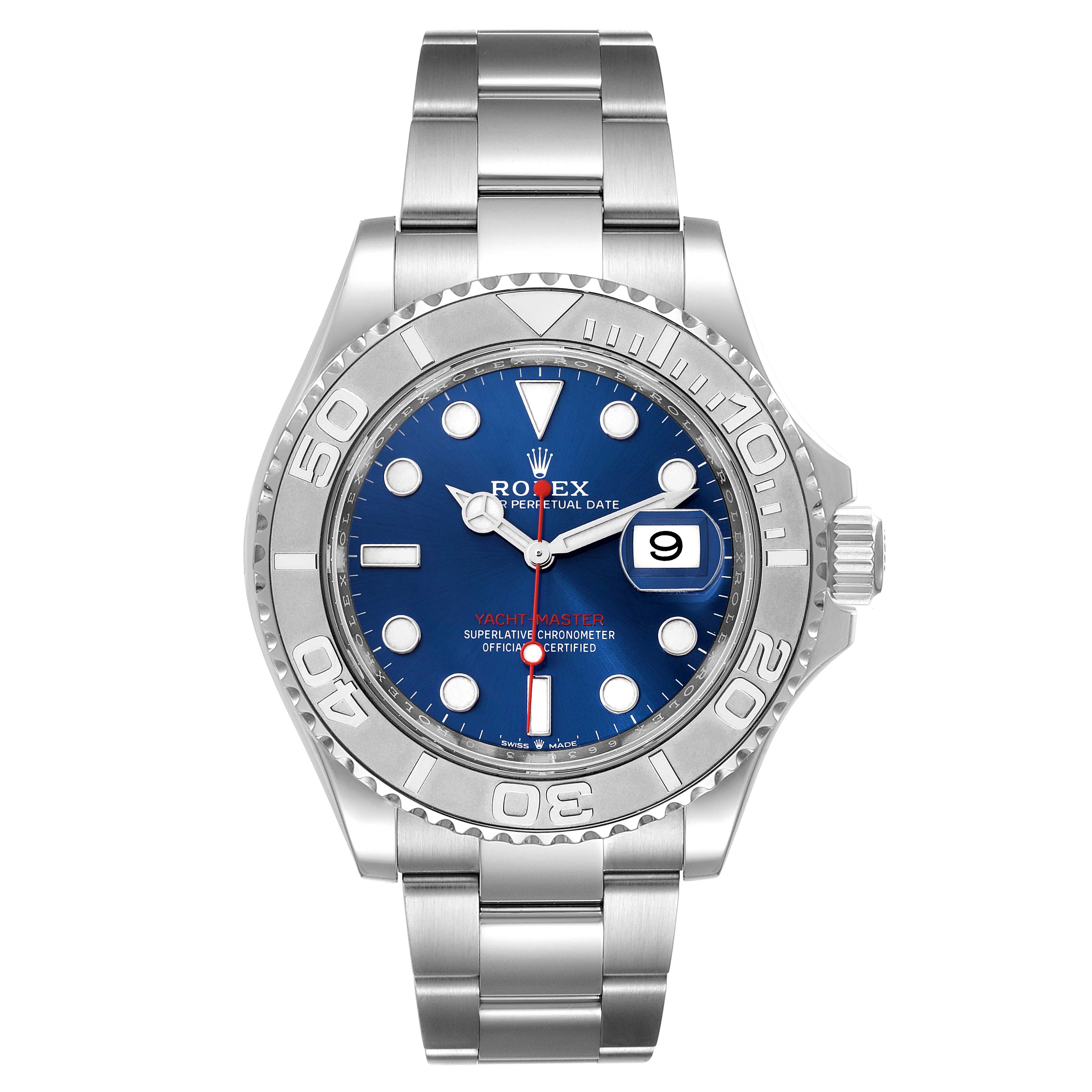 This is a front view of a Rolex Yacht-Master 126622 Men's Stainless Steel Blue Dial 126622 Men's Stainless Steel Blue Dial watch showing the dial, bezel, crown, and bracelet.