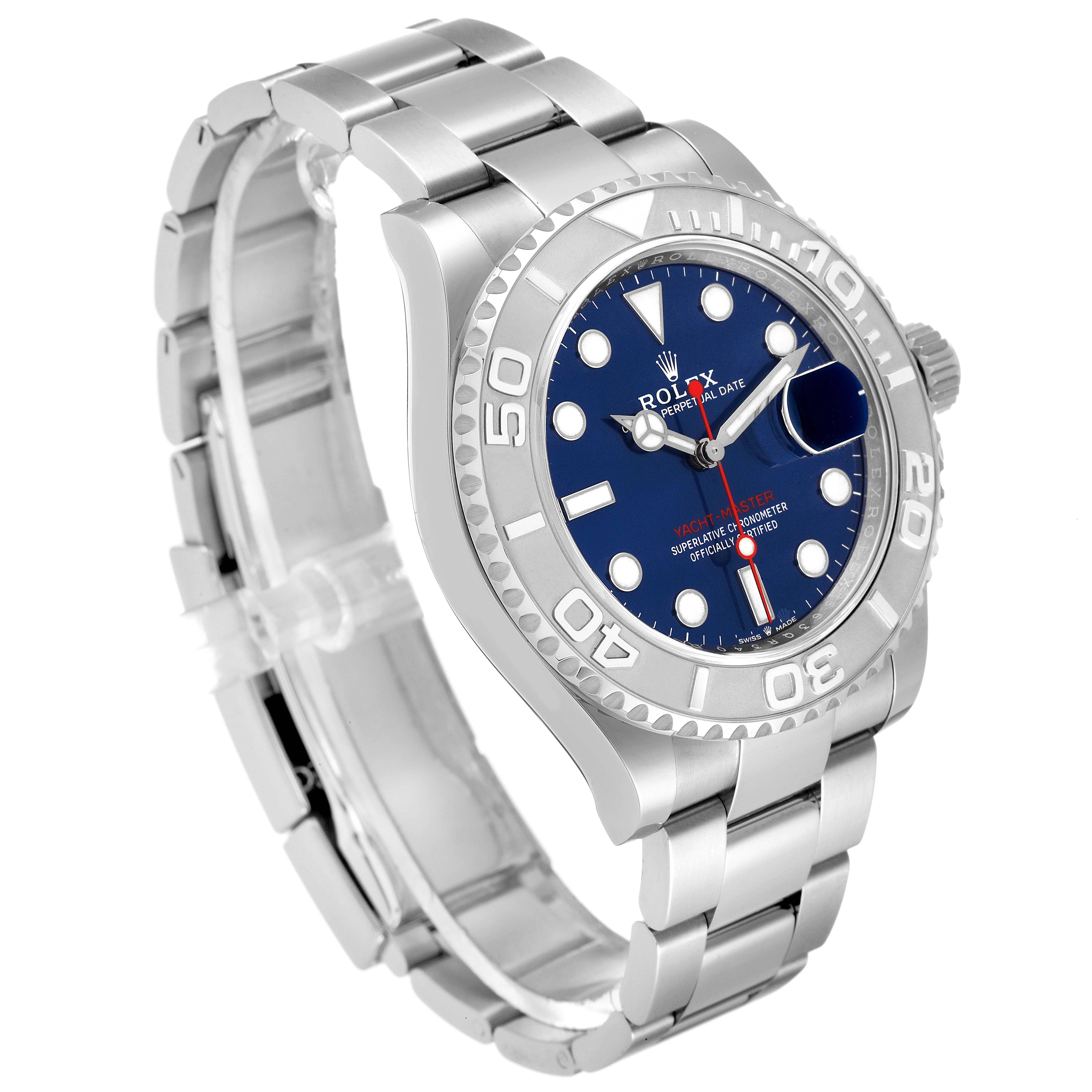 This is a Rolex Yacht-Master 126622 Men's Stainless Steel Blue Dial 126622 Men's Stainless Steel Blue Dial watch displayed at a slight angle showing the face, bezel, and stainless steel bracelet.
