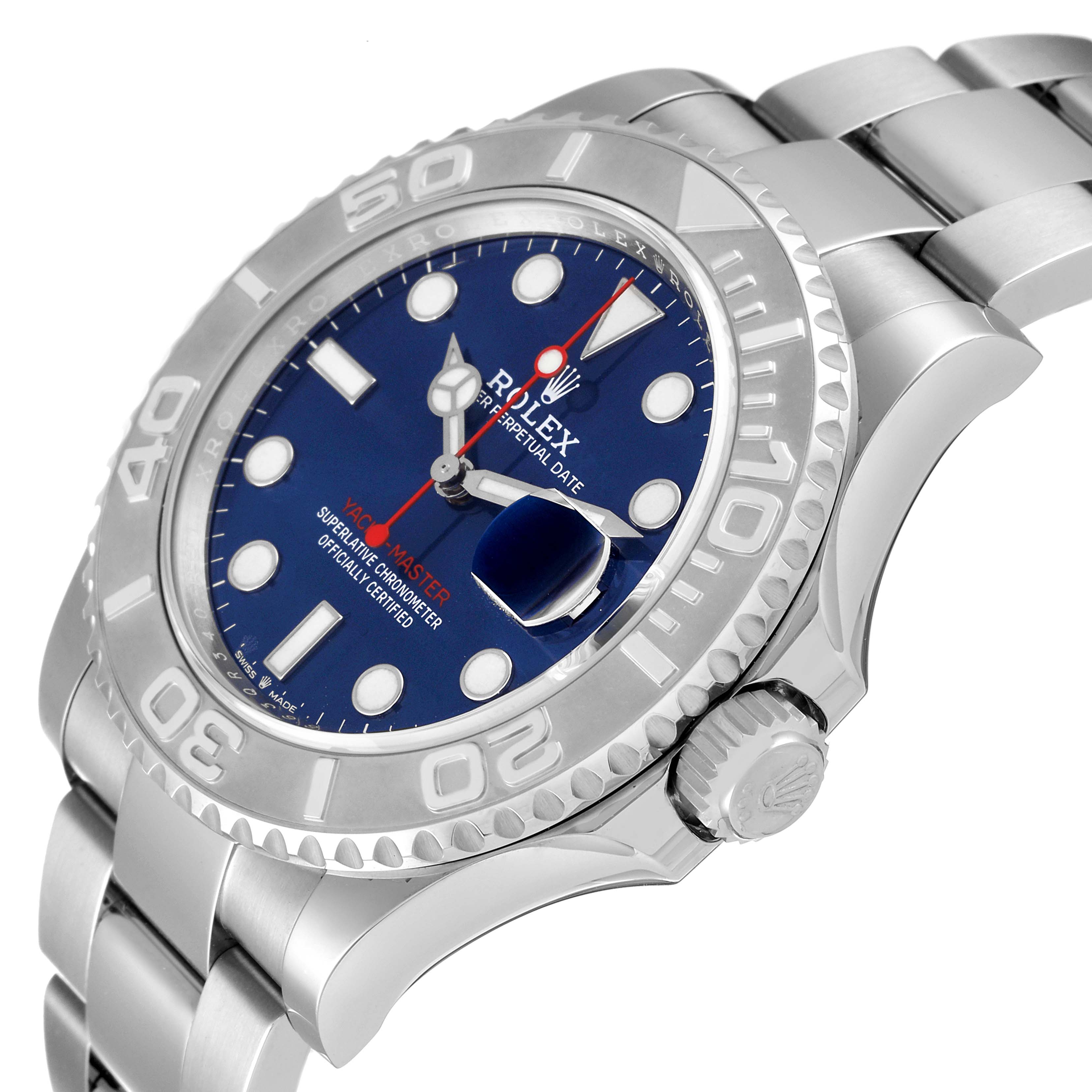 The image shows a close-up side angle of a Rolex Yacht-Master 126622 Men's Stainless Steel Blue Dial 126622 Men's Stainless Steel Blue Dial watch, highlighting the face, bezel, crown, and part of the bracelet.