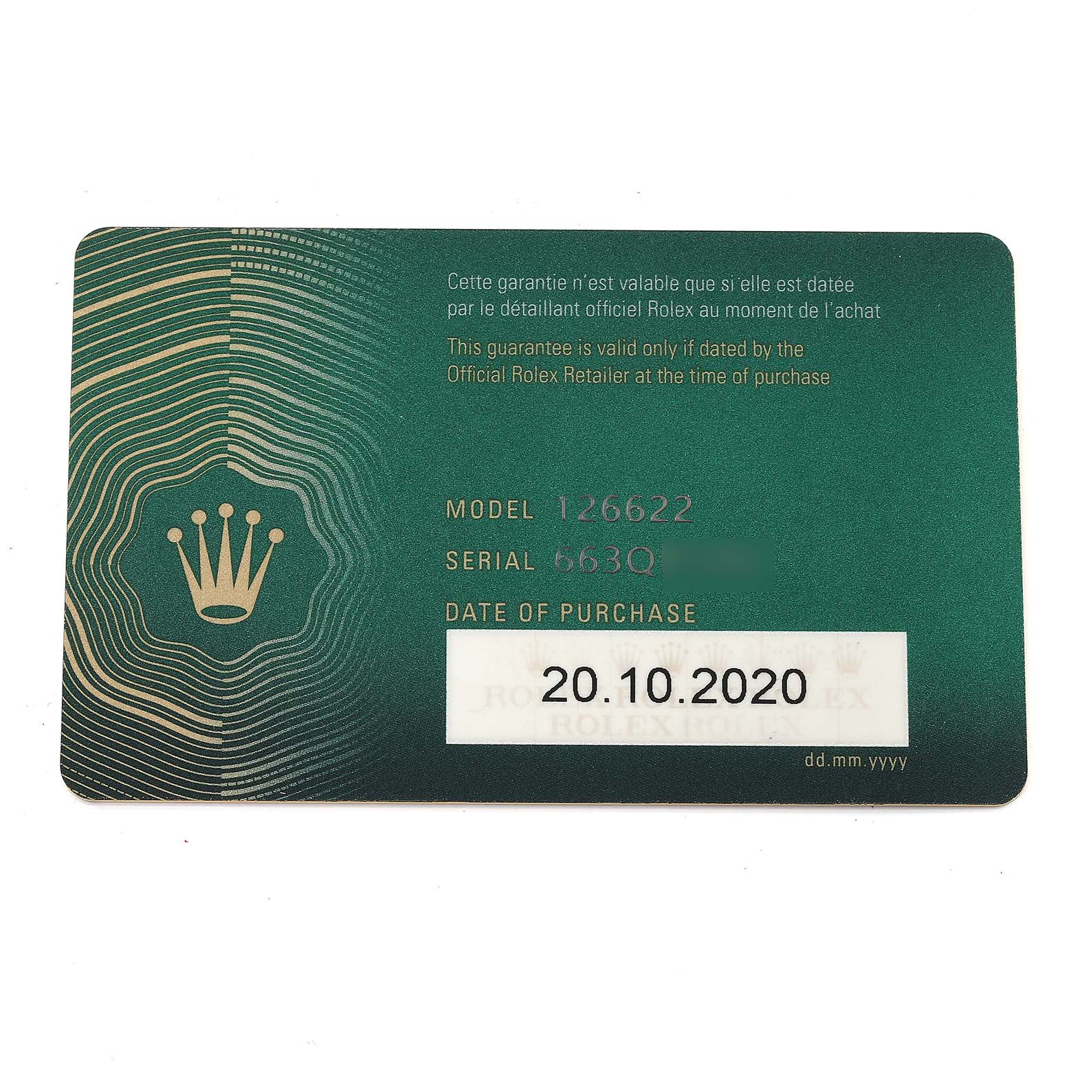 The image shows a guarantee card for a Rolex Yacht-Master 126622 Men's Stainless Steel Blue Dial 126622 Men's Stainless Steel Blue Dial model, including the model number, serial number, and date of purchase.