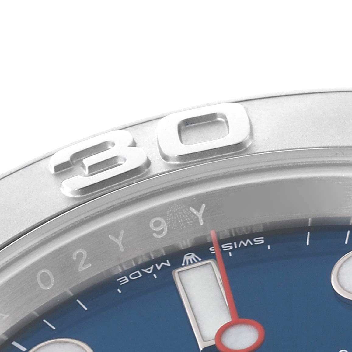 The close-up image shows the bezel with the "30" marker and a part of the blue dial of a Rolex Yacht-Master 126622 Men
s Stainless Steel Blue Dial 126622 Men
s Stainless Steel Blue Dial watch.