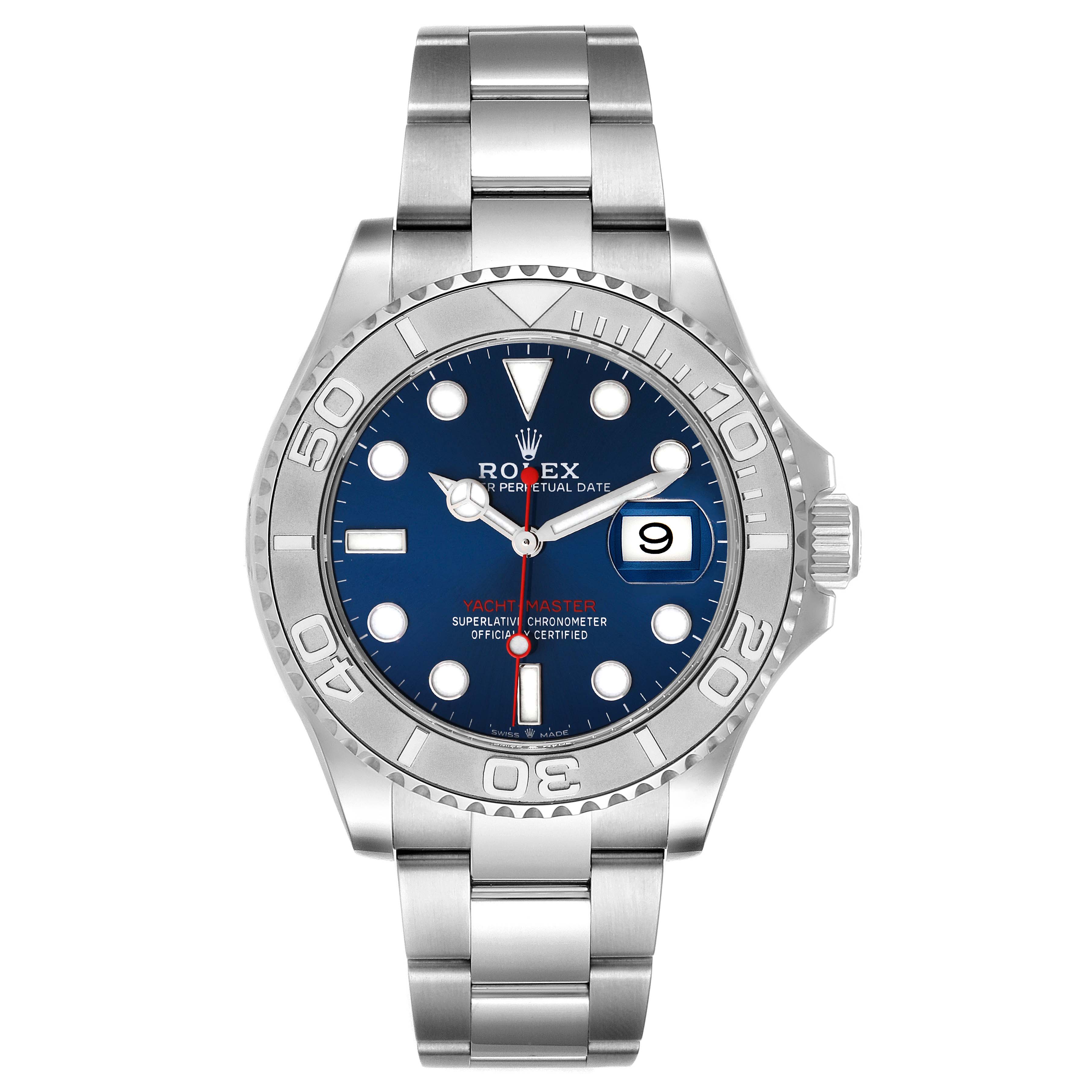 This image shows a front view of the Rolex Yacht-Master 126622 Men
s Stainless Steel Blue Dial 126622 Men
s Stainless Steel Blue Dial watch, displaying its face, bezel, and metal bracelet.
