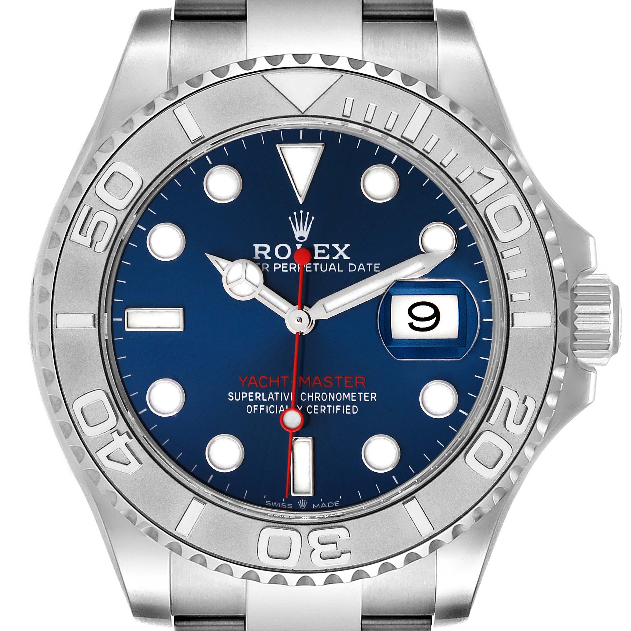 This is a front view of the Rolex Yacht-Master 126622 Men
s Stainless Steel Blue Dial 126622 Men
s Stainless Steel Blue Dial watch, displaying the dial, bezel, date window, hands, and bracelet.