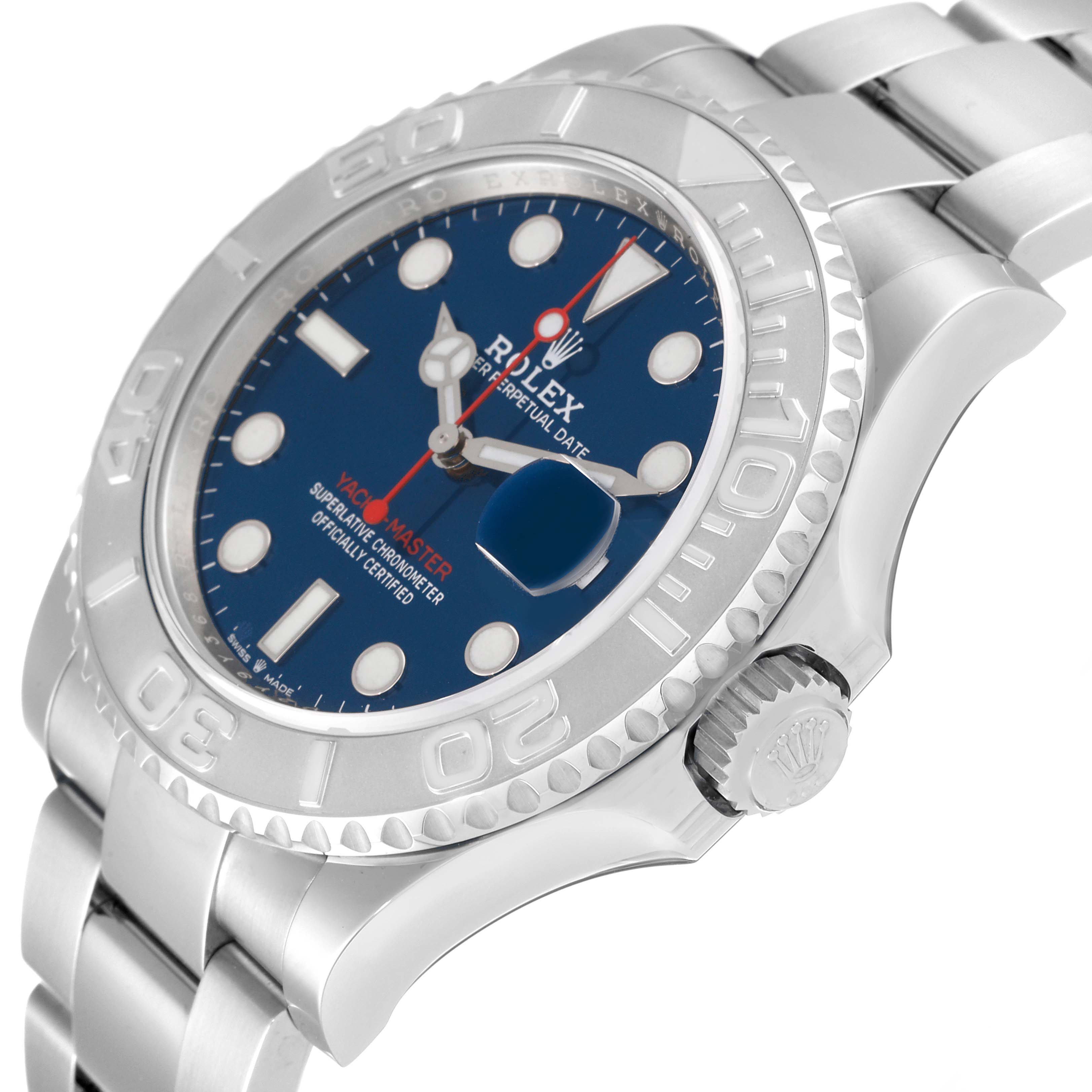 This image shows a close-up angle of the Rolex Yacht-Master 126622 Men
s Stainless Steel Blue Dial 126622 Men
s Stainless Steel Blue Dial watch, highlighting the crown, dial, and bezel.