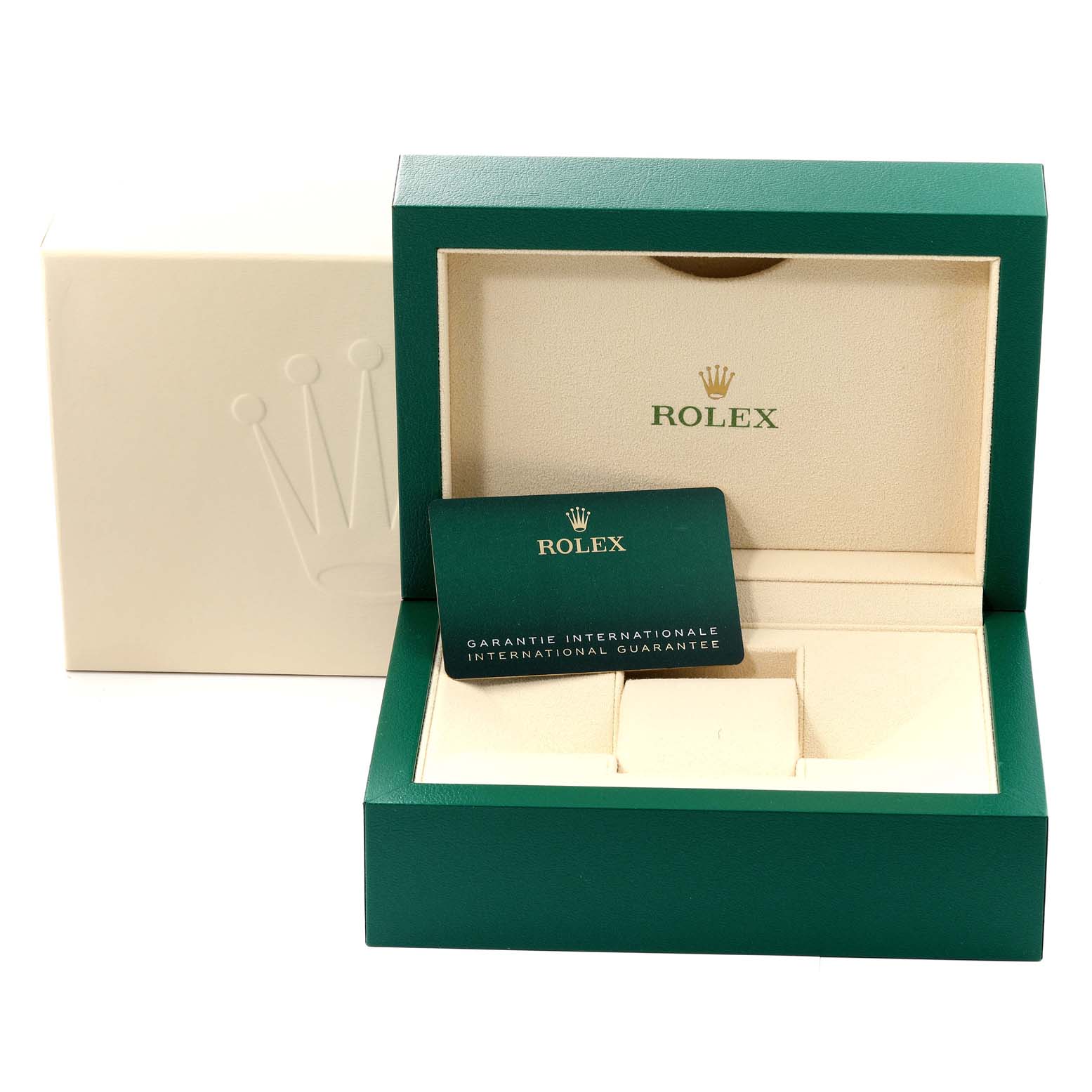 The image shows the packaging and international guarantee card for a Rolex Yacht-Master 126622 Men
s Stainless Steel Blue Dial 126622 Men
s Stainless Steel Blue Dial watch.