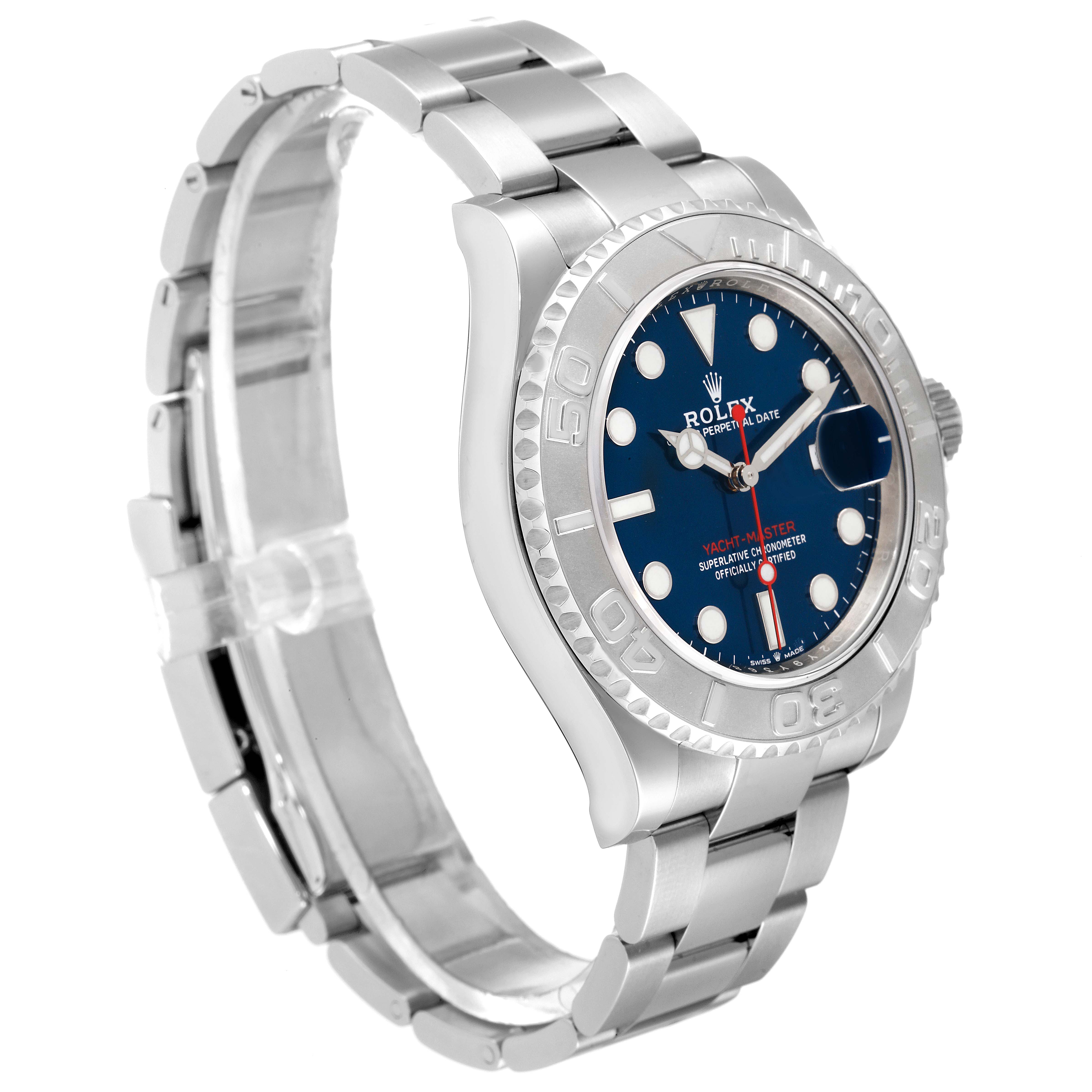 The image shows a side angle of a Rolex Yacht-Master 126622 Men
s Stainless Steel Blue Dial 126622 Men
s Stainless Steel Blue Dial watch, highlighting the bracelet, bezel, and dial.