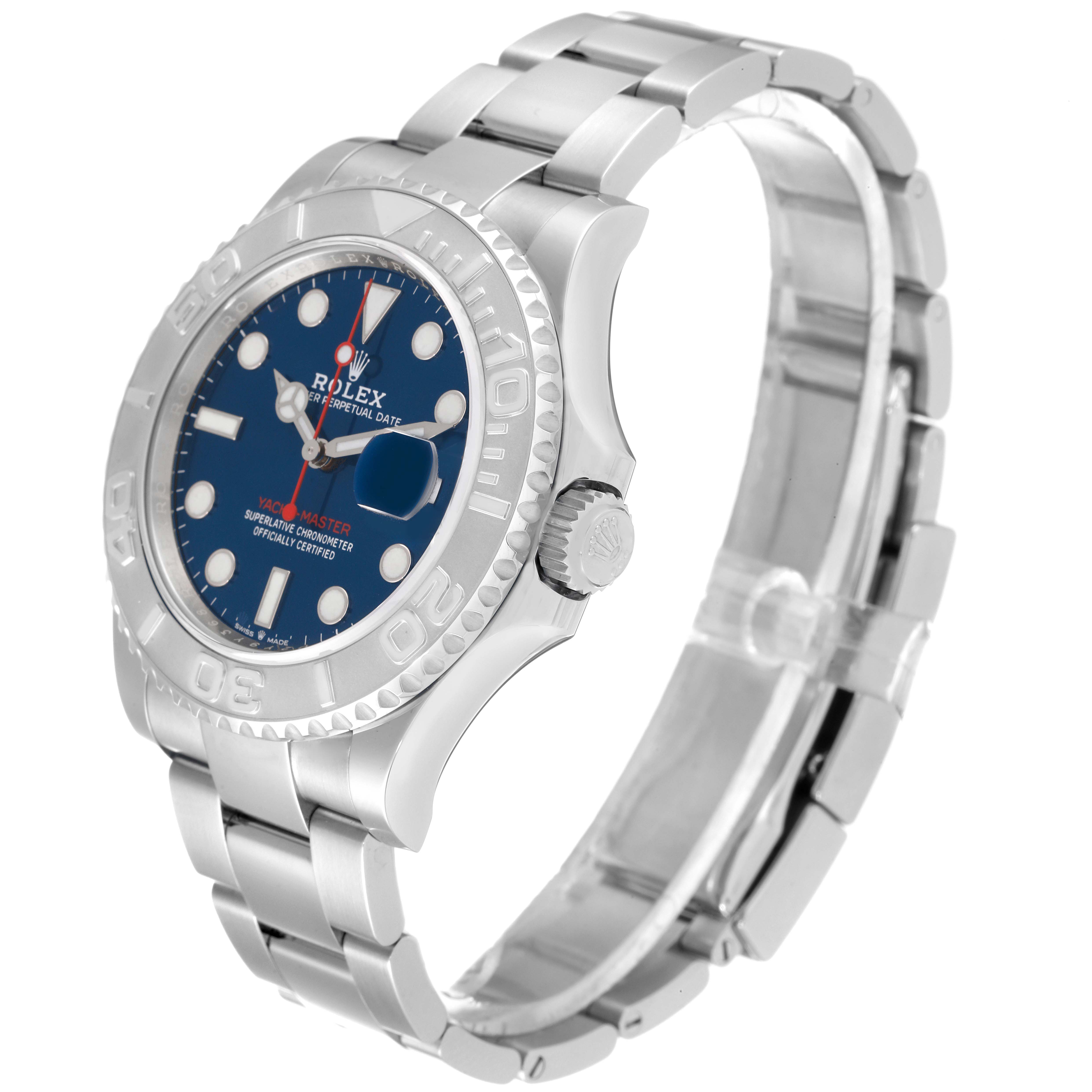 This Rolex Yacht-Master 126622 Men
s Stainless Steel Blue Dial 126622 Men
s Stainless Steel Blue Dial watch is shown at a three-quarter angle, displaying its blue dial, bezel, and bracelet.