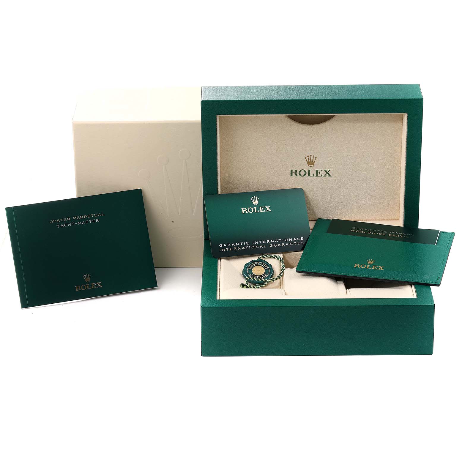 This image shows the packaging, warranty cards, and manuals for a Rolex Yacht-Master 126622 Men's Stainless Steel Grey Dial 126622 Men's Stainless Steel Grey Dial watch.